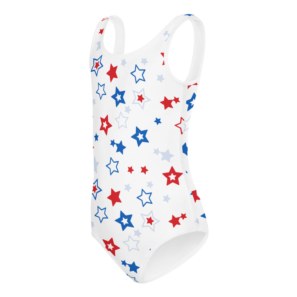 White one-piece buttery soft leotard with red blue and light gray stars quick drying for dance and gymnastics