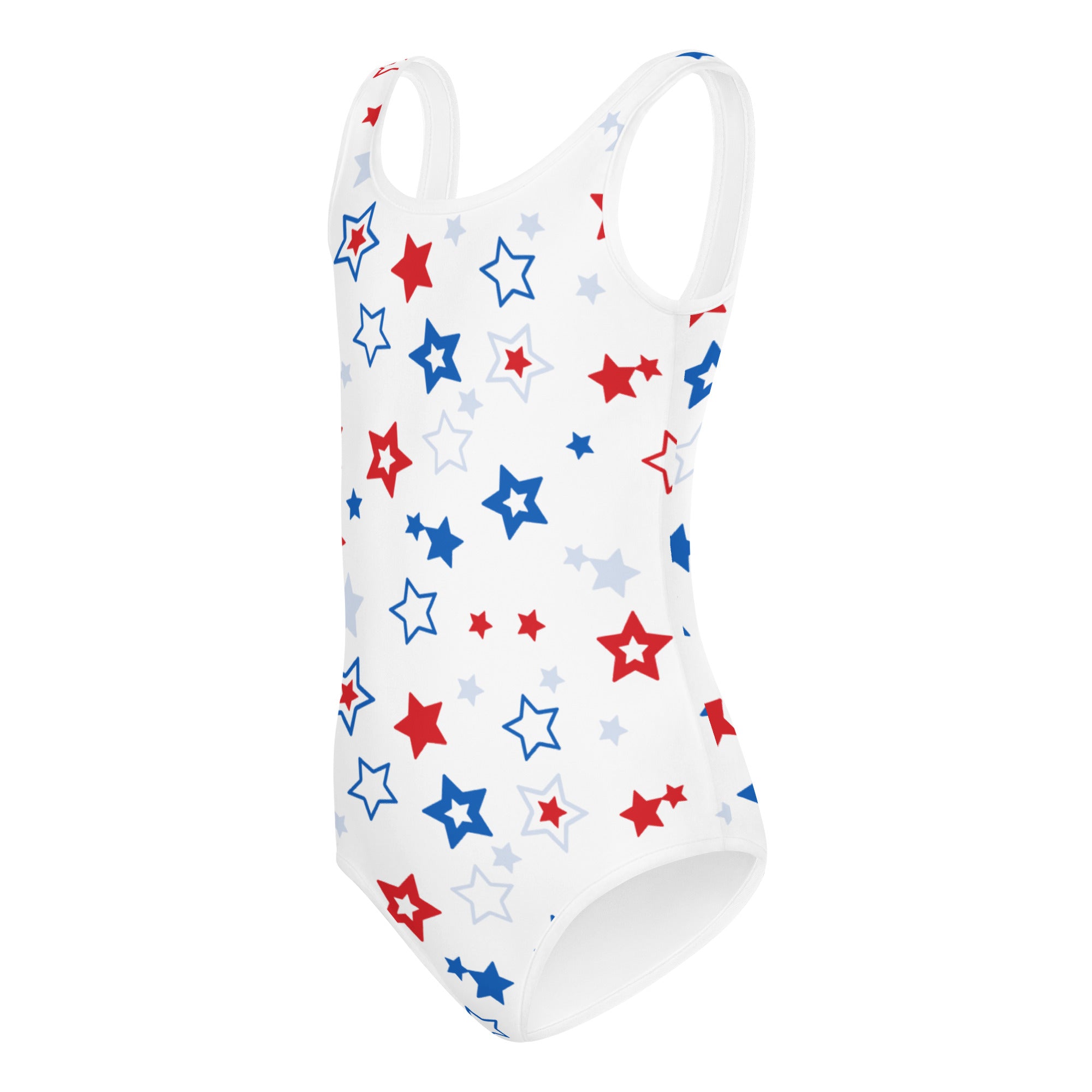 White one-piece buttery soft leotard with red blue and light gray stars quick drying for dance and gymnastics