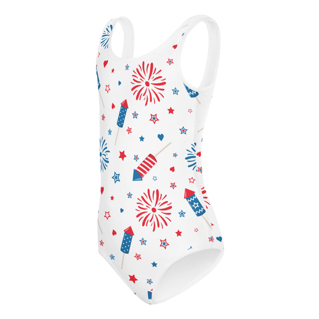 Girls patriotic fireworks and rockets buttery soft white leotard with red white and blue designs for dance and gymnastics