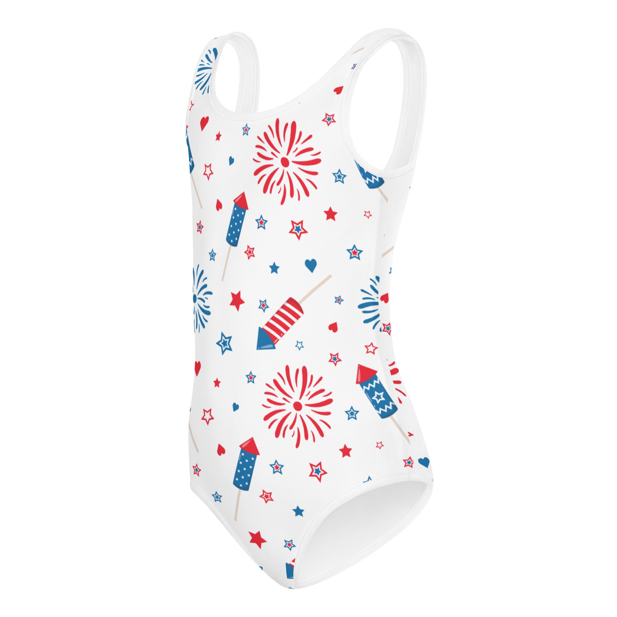 Girls patriotic fireworks and rockets buttery soft white leotard with red white and blue designs for dance and gymnastics