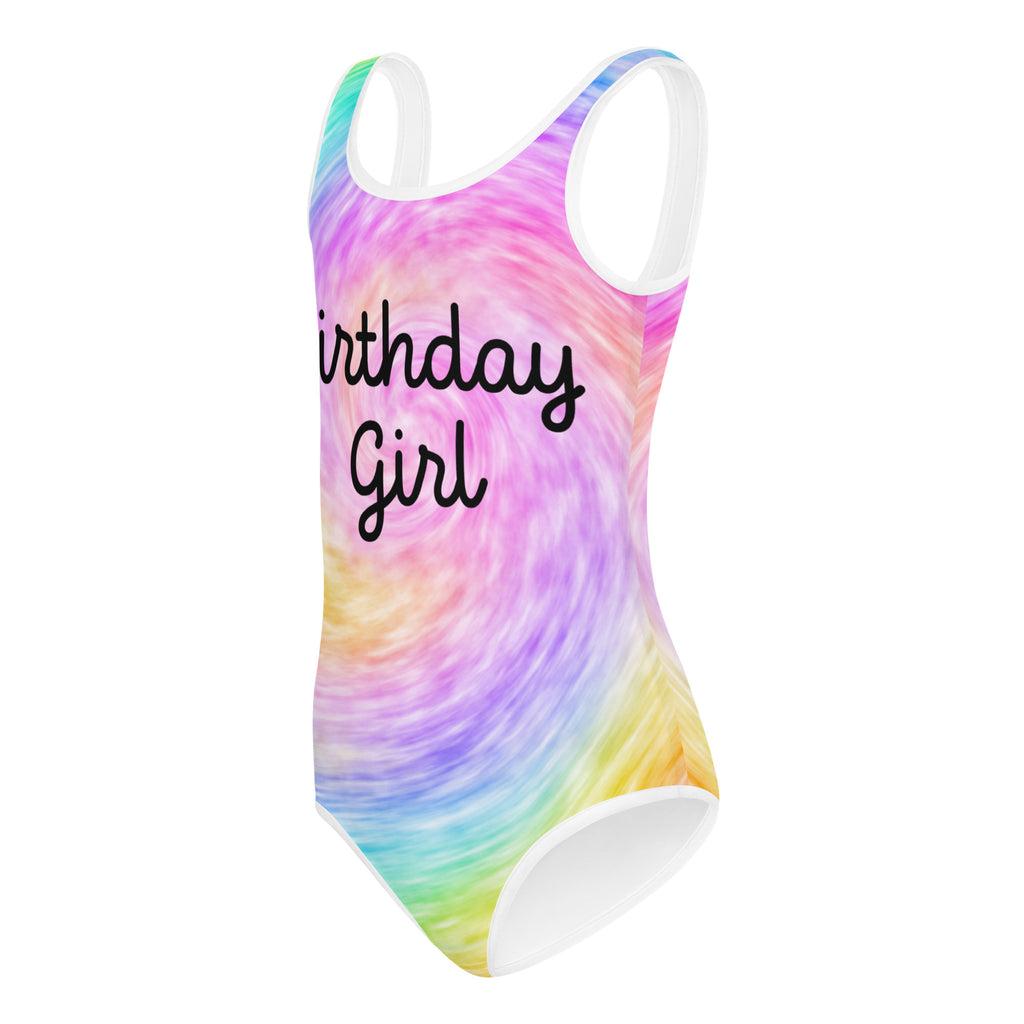 Girls birthday girl rainbow swirl tie dye buttery soft one-piece swimsuit with white trim and black cursive print for dance