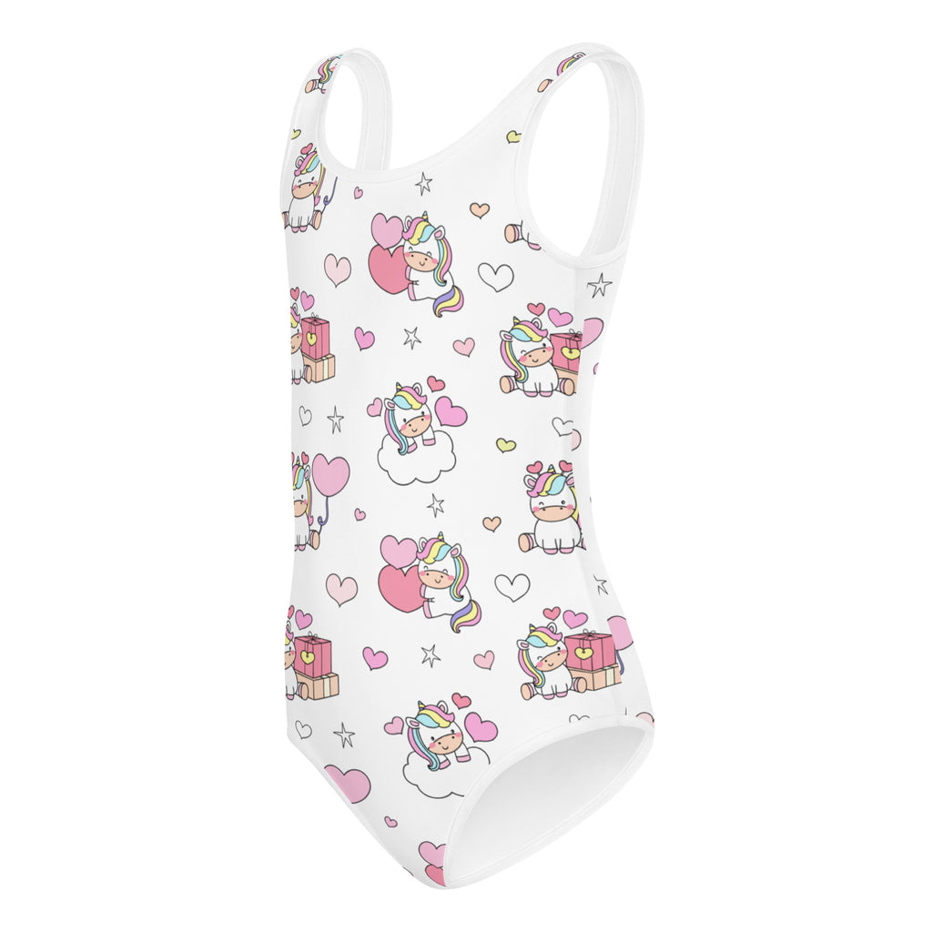 White one-piece girls unicorn birthday leotard with soft buttery fabric and quick drying for dance and gymnastics featuring pink hearts and stars