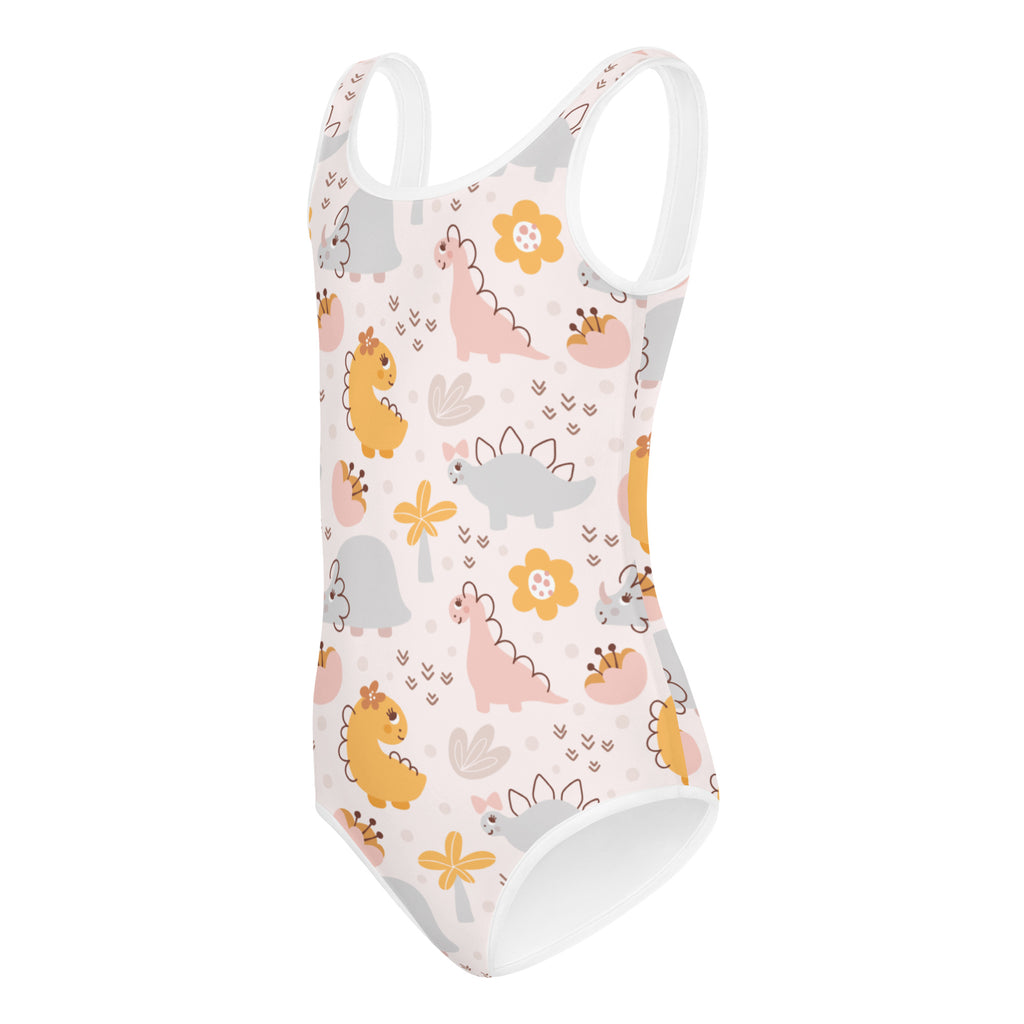 White girls one-piece swimsuit with pastel dinosaur and yellow flower pattern buttery soft quick drying for dance and gymnastics