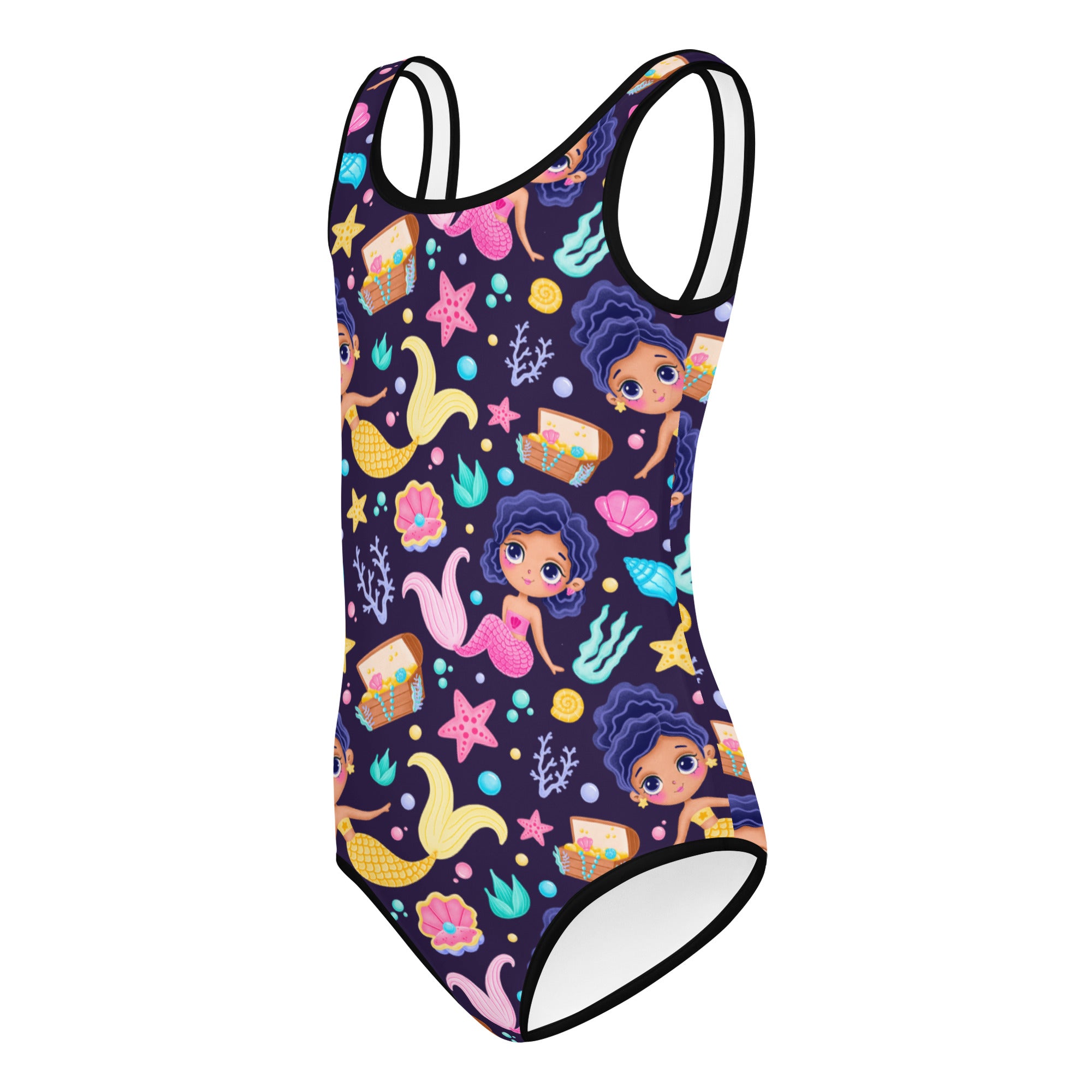 A navy blue girls magical mermaid treasure buttery soft quick drying one-piece swimsuit with cartoon mermaid pattern