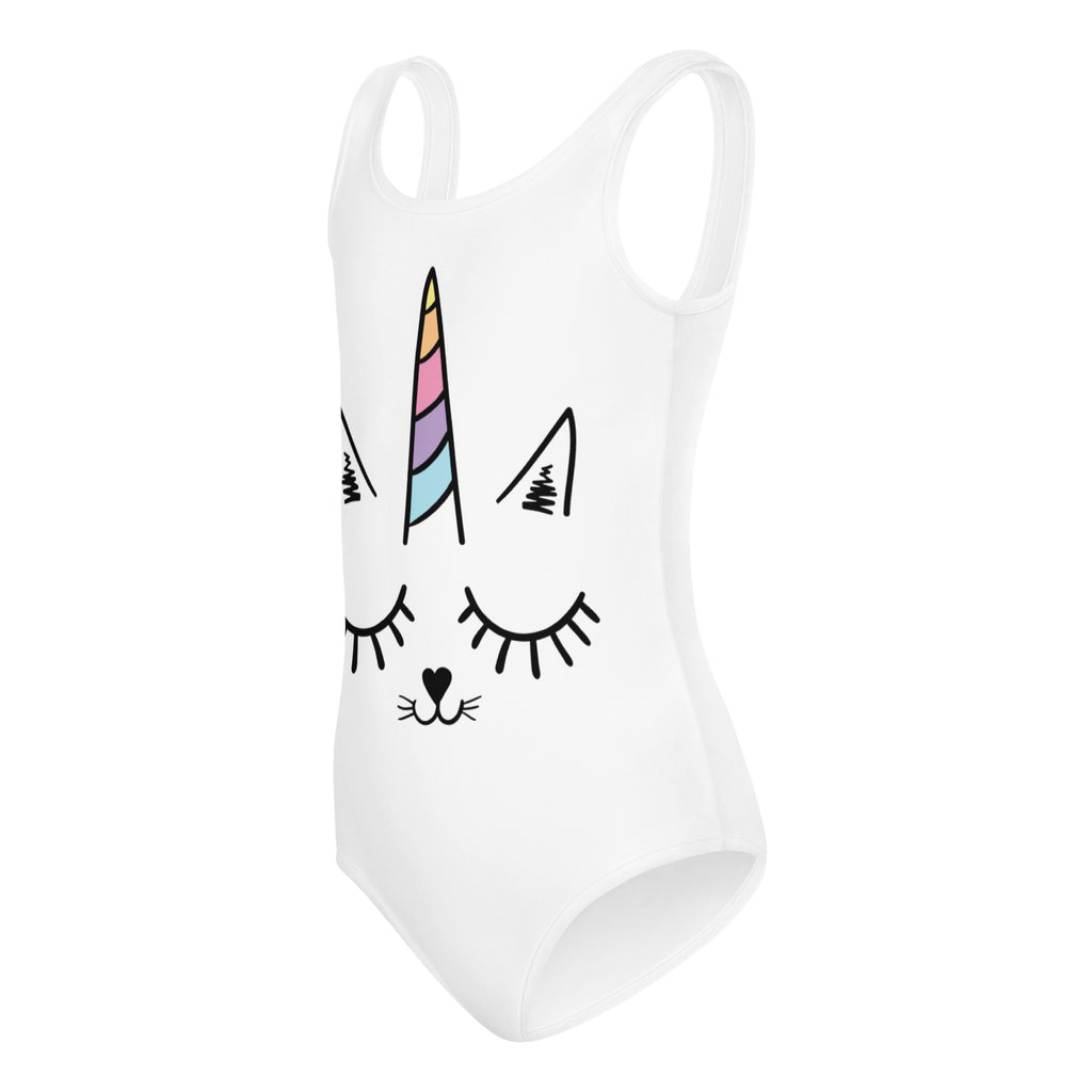 White girls caticorn buttery soft leotard featuring a unicorn face with rainbow horn for dance and gymnastics