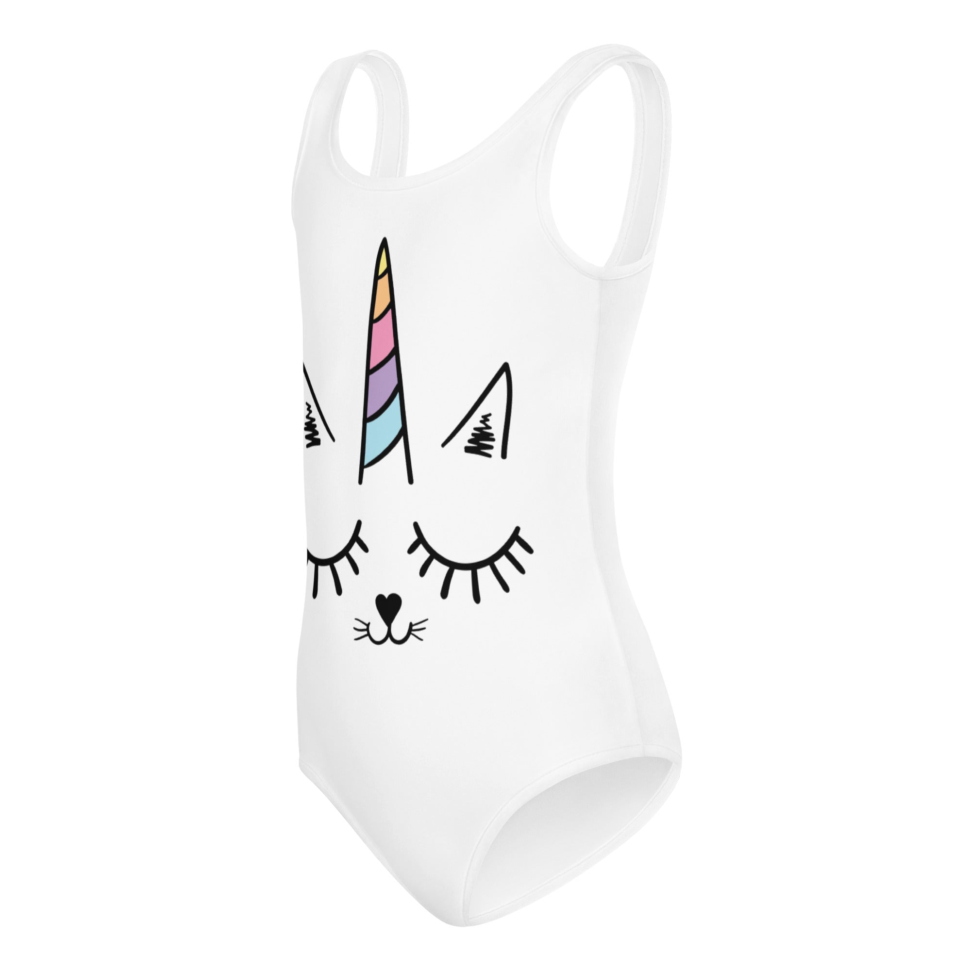 White girls caticorn buttery soft leotard featuring a unicorn face with rainbow horn for dance and gymnastics
