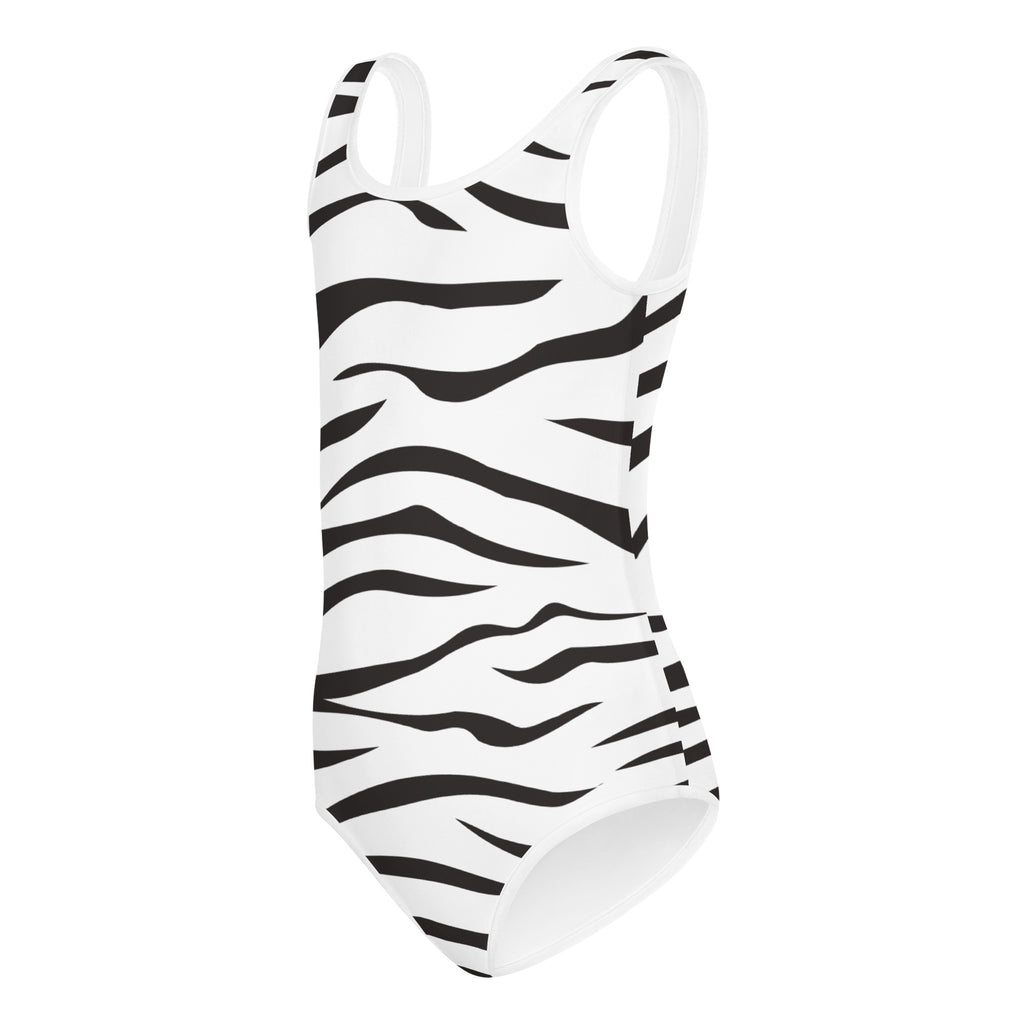 White one-piece girls leotard with bold black zebra stripes buttery soft quick drying for dance and gymnastics