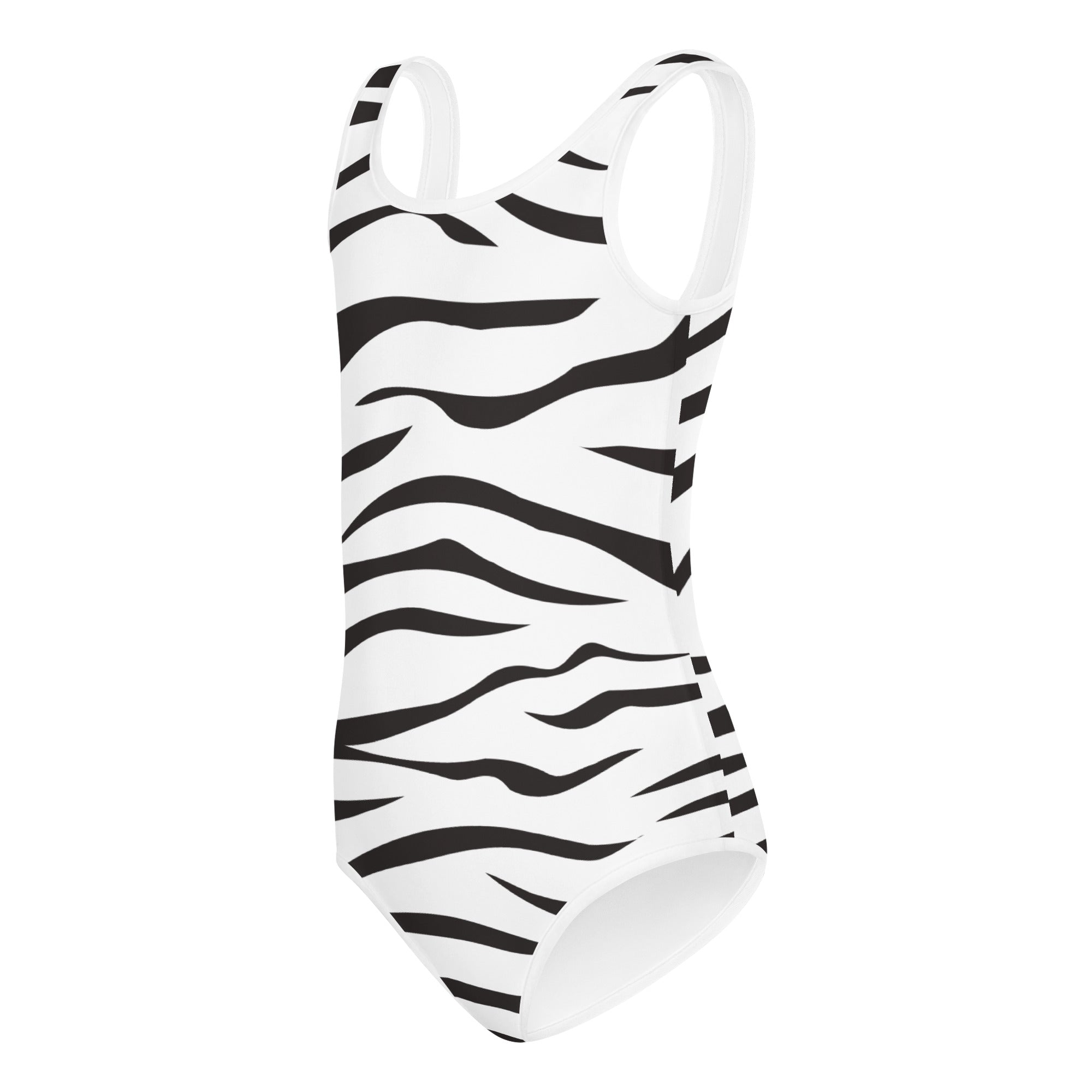 White one-piece girls leotard with bold black zebra stripes buttery soft quick drying for dance and gymnastics