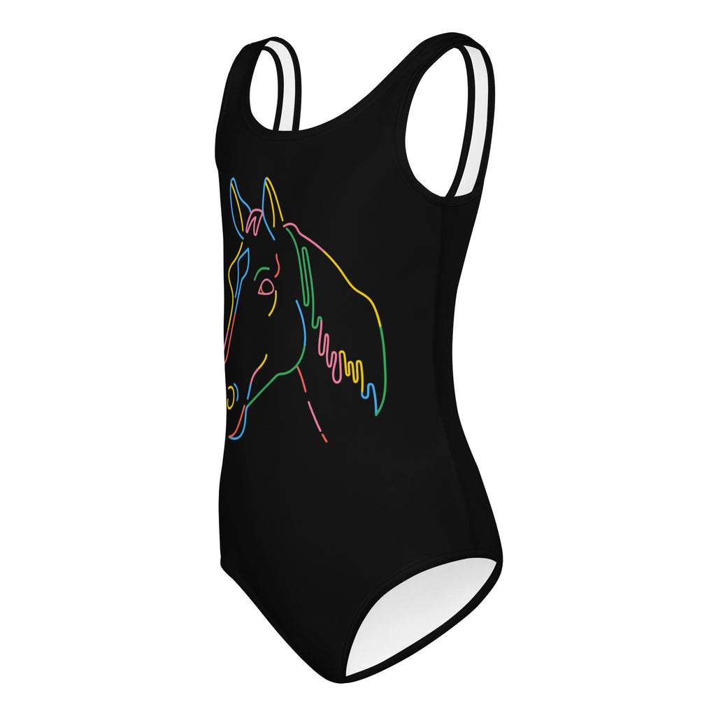 Girls colorful horse outline buttery soft black one-piece leotard with white trim quick drying for dance and gymnastics