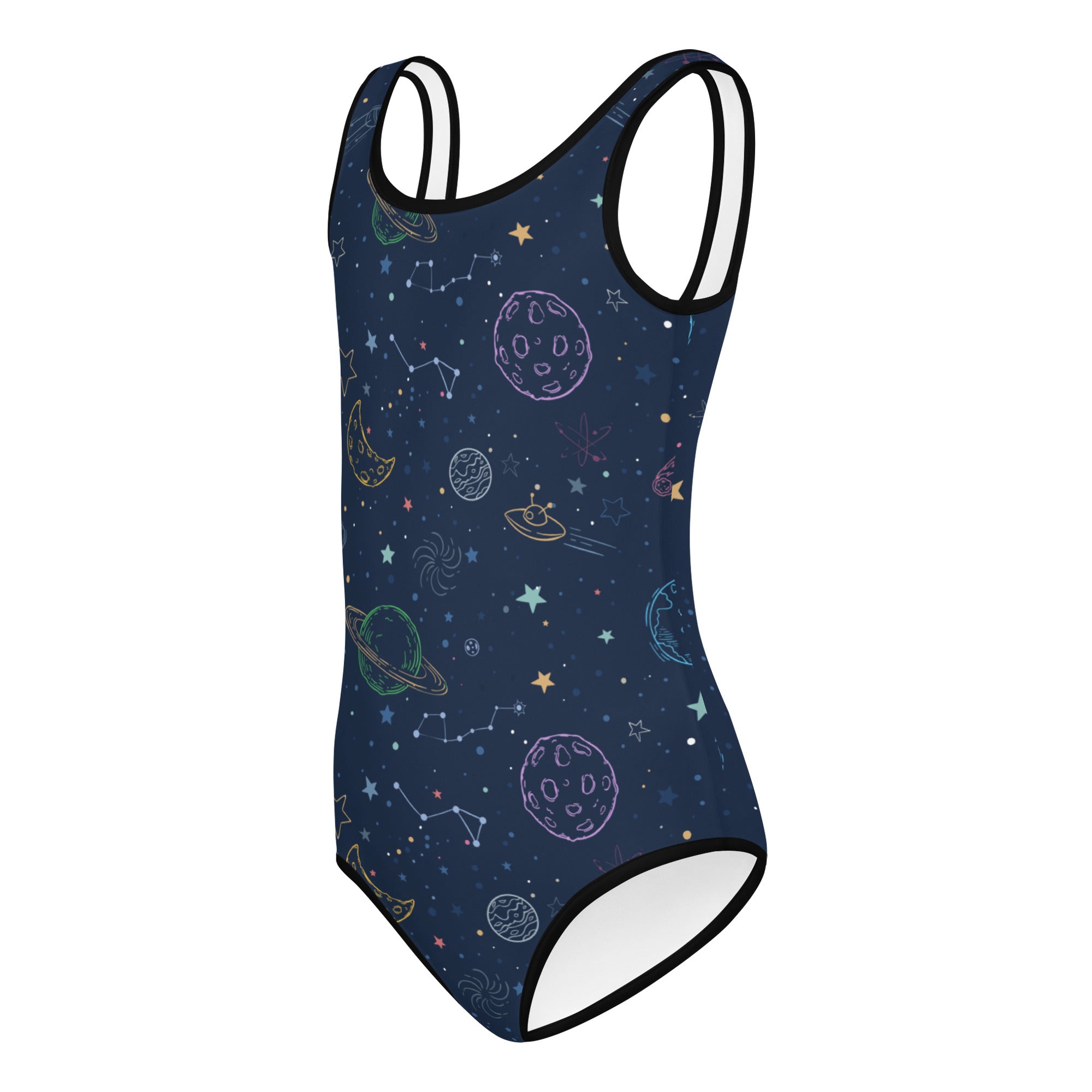 Navy blue girls galaxy space planets and constellations buttery soft quick drying leotard for dance and gymnastics