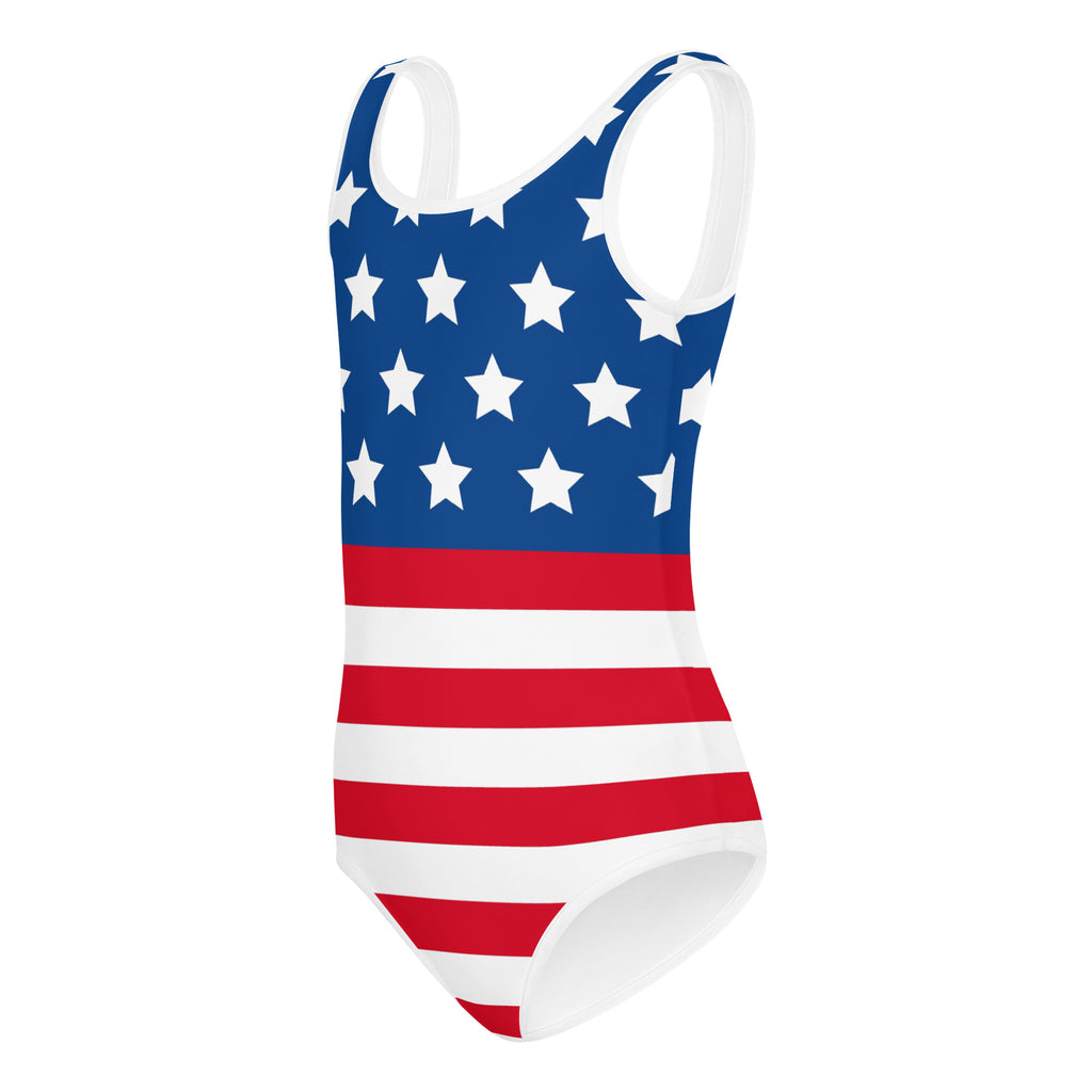 Girls american flag buttery soft one-piece swimsuit in red white and blue quick drying for dance and gymnastics