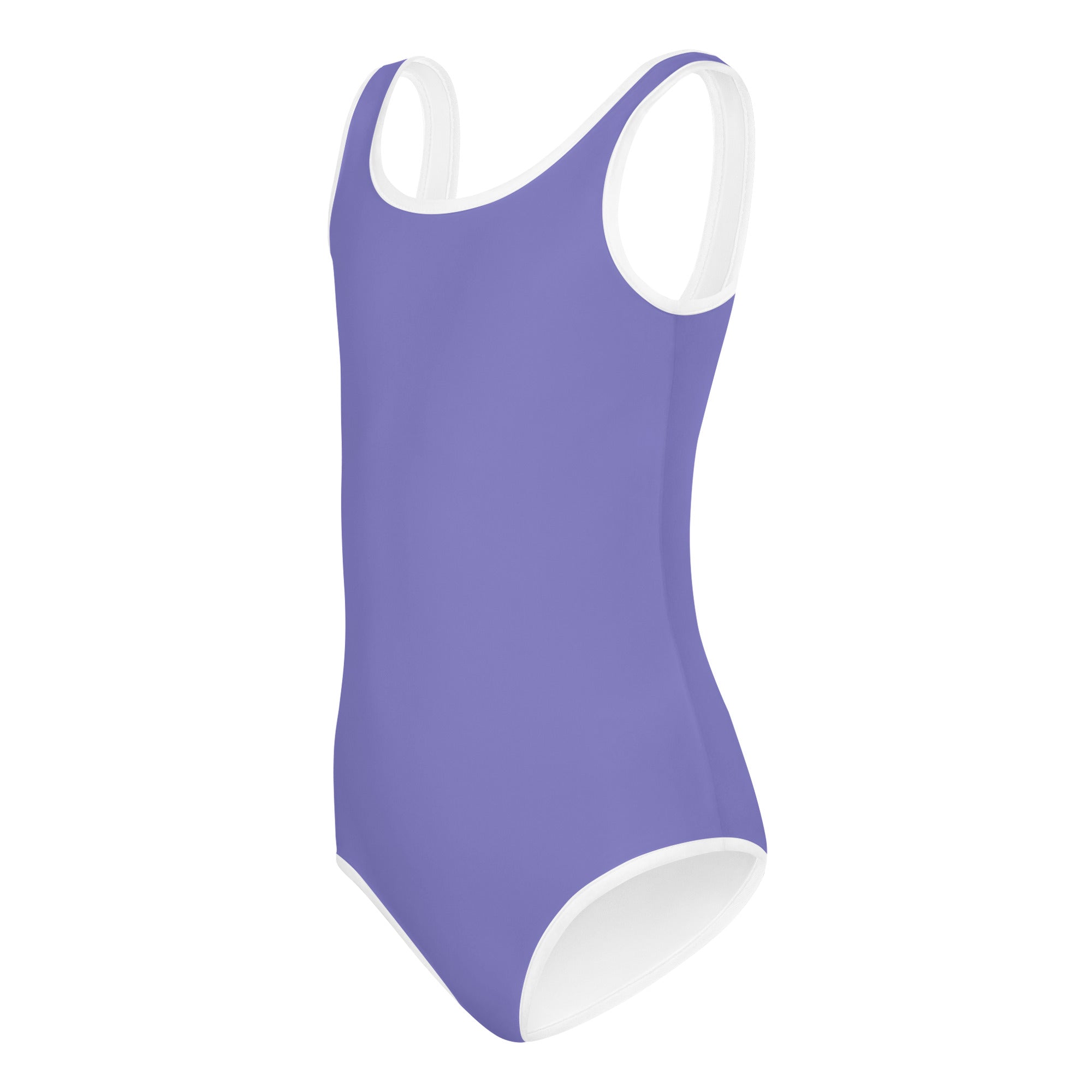 Girls purple buttery soft leotard with white trim quick drying for dance and gymnastics in a one-piece design