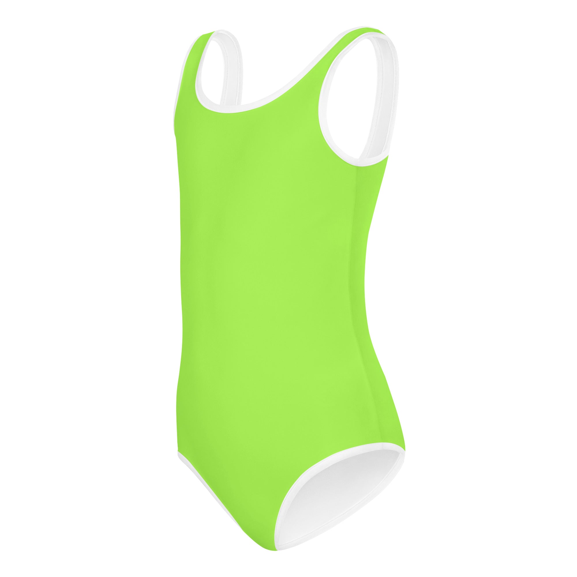 A vibrant lime green buttery soft one-piece leotard with white trim for quick drying in dance and gymnastics