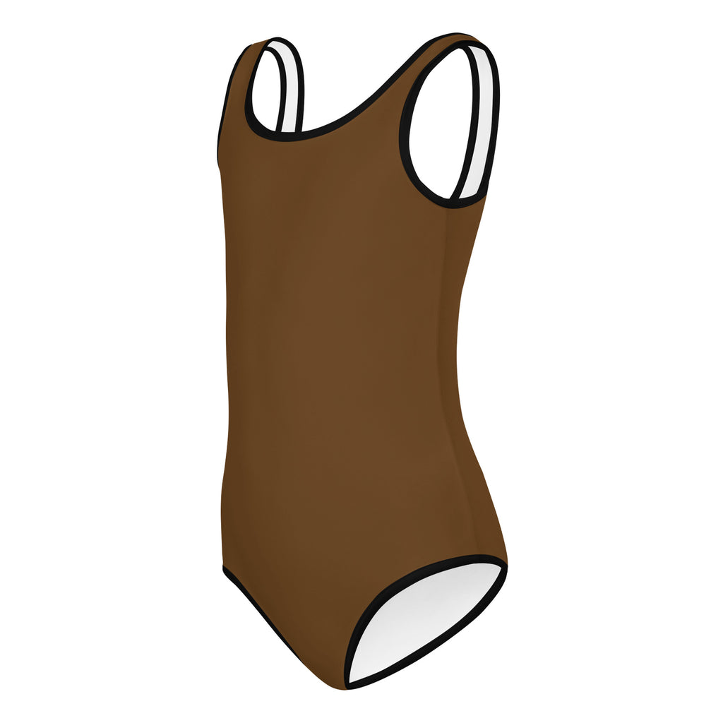 Girls brown buttery soft one-piece leotard with white lining and black trim quick drying for dance and gymnastics