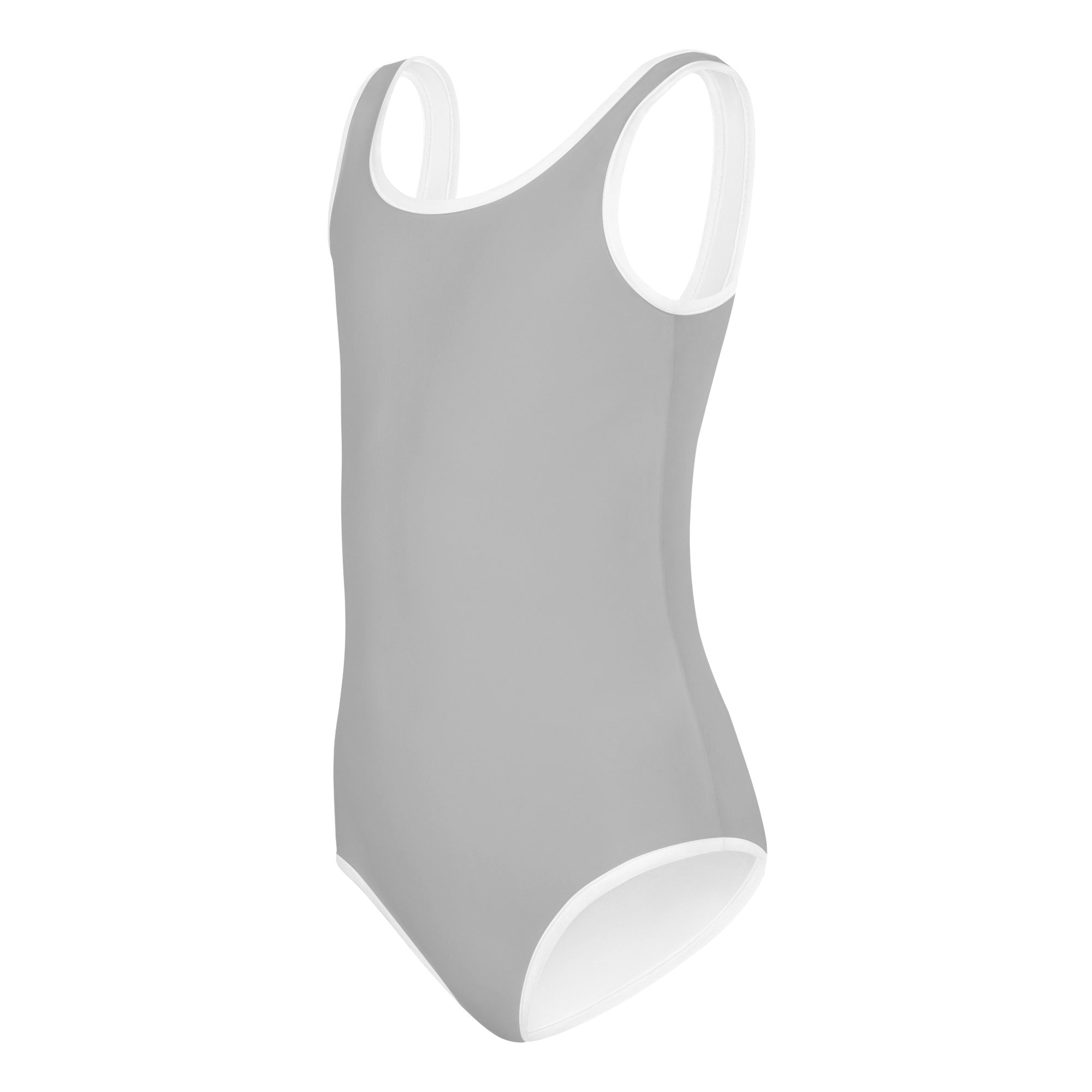 Girls gray buttery soft quick drying one-piece swimsuit with white trim for dance and gymnastics