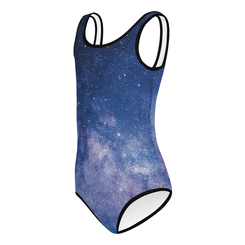 Girls starry night galaxy buttery soft navy blue and purple one-piece swimsuit with white trim for dance and gymnastics