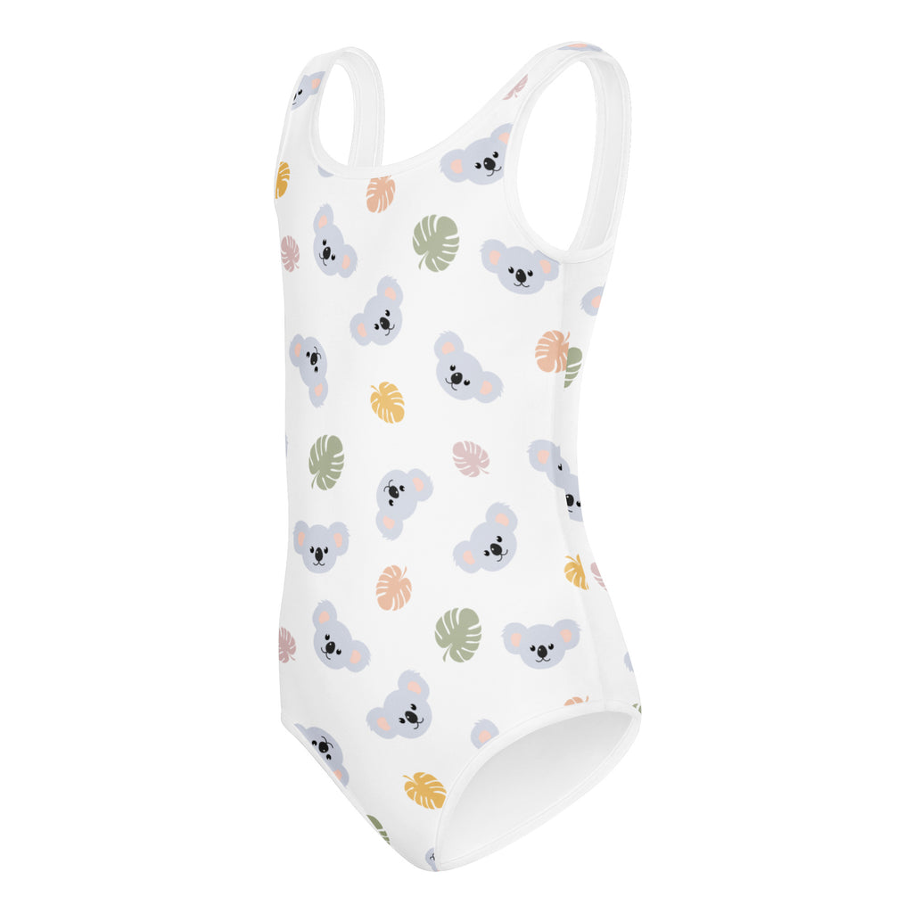 Girls koala bear buttery soft white leotard with gray koalas and pastel tropical leaves quick drying for dance and gymnastics