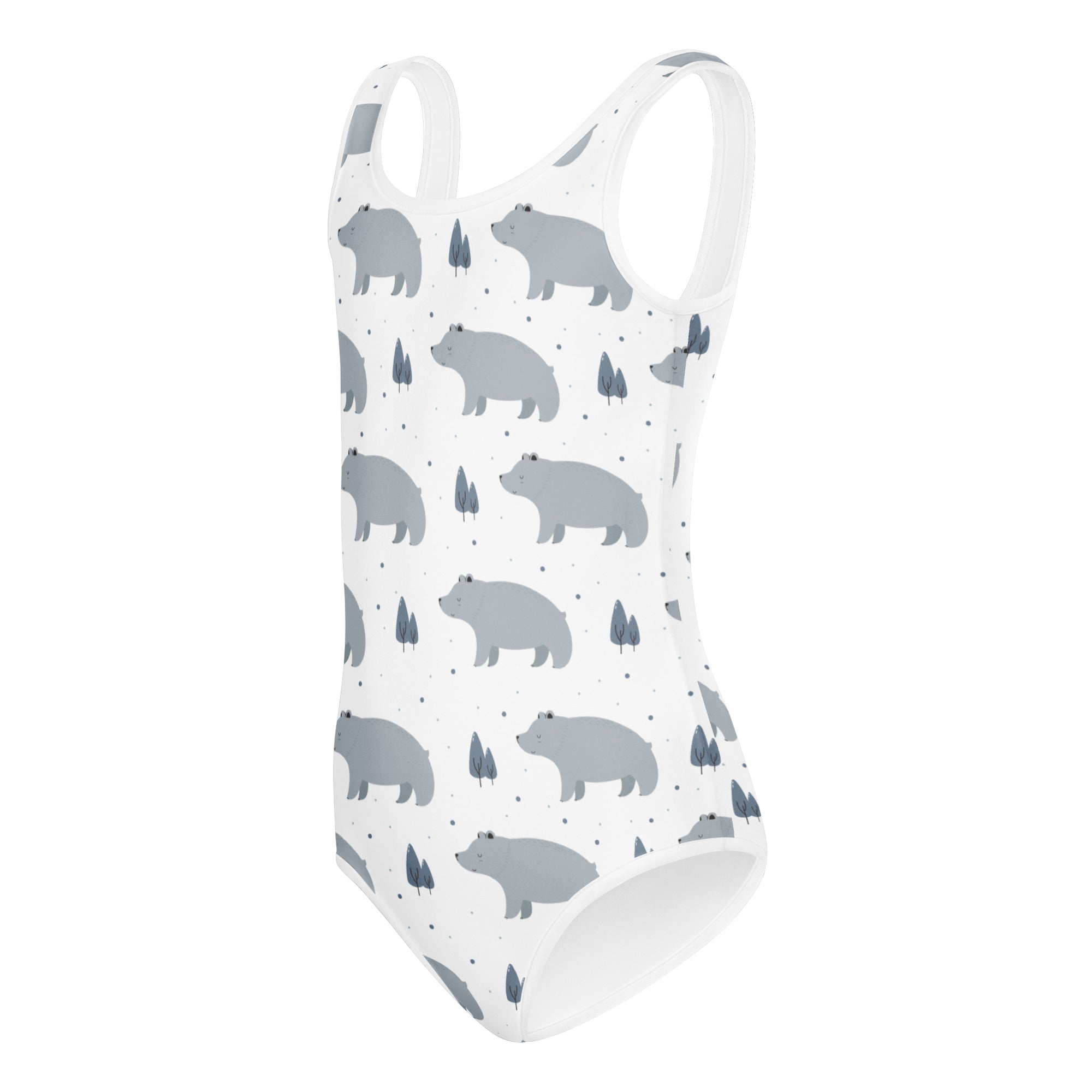 Girls white gray bear buttery soft leotard with playful pattern quick drying for dance and gymnastics use