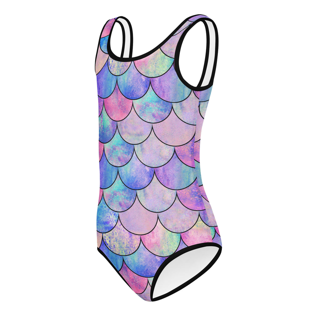 Girls mermaid scale buttery soft leotard in pastel purple pink and blue iridescent swimsuit for dance and gymnastics