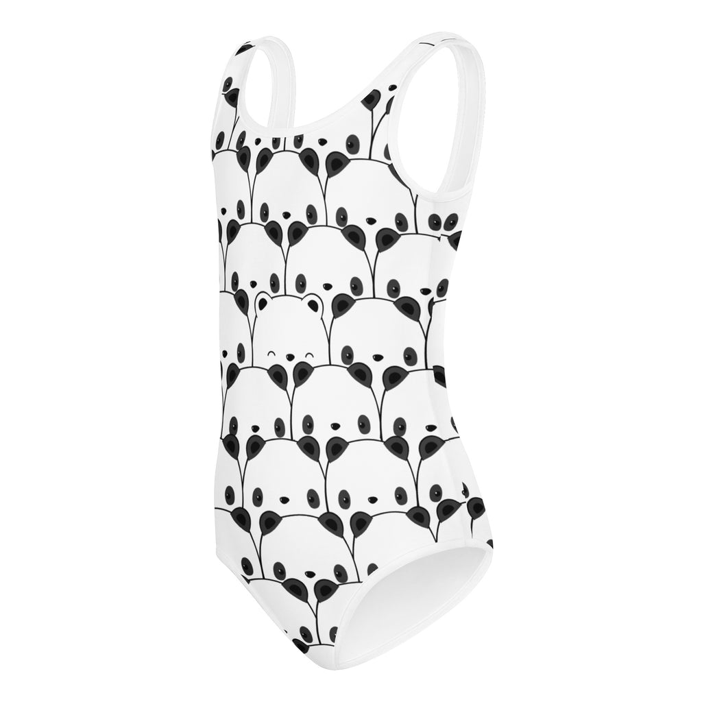 White one-piece swimsuit with black panda face and leafy vines pattern made of buttery soft quick-dry fabric for girls