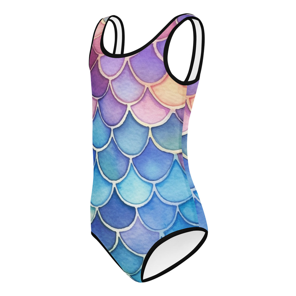 Vibrant girls watercolor mermaid scale buttery soft leotard with purple pink and blue hues for dance and gymnastics