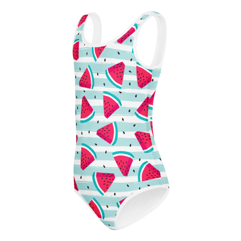 Girls striped watermelon buttery soft leotard with pink green pattern on light blue stripes white trim for dance gymnastics
