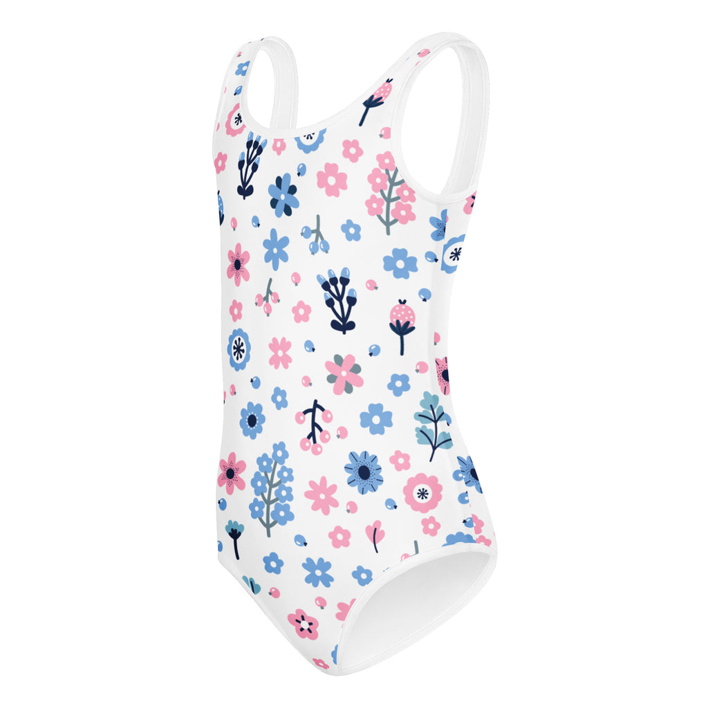White one-piece swimsuit with pink and blue flower pattern and green stems buttery soft quick drying for dance
