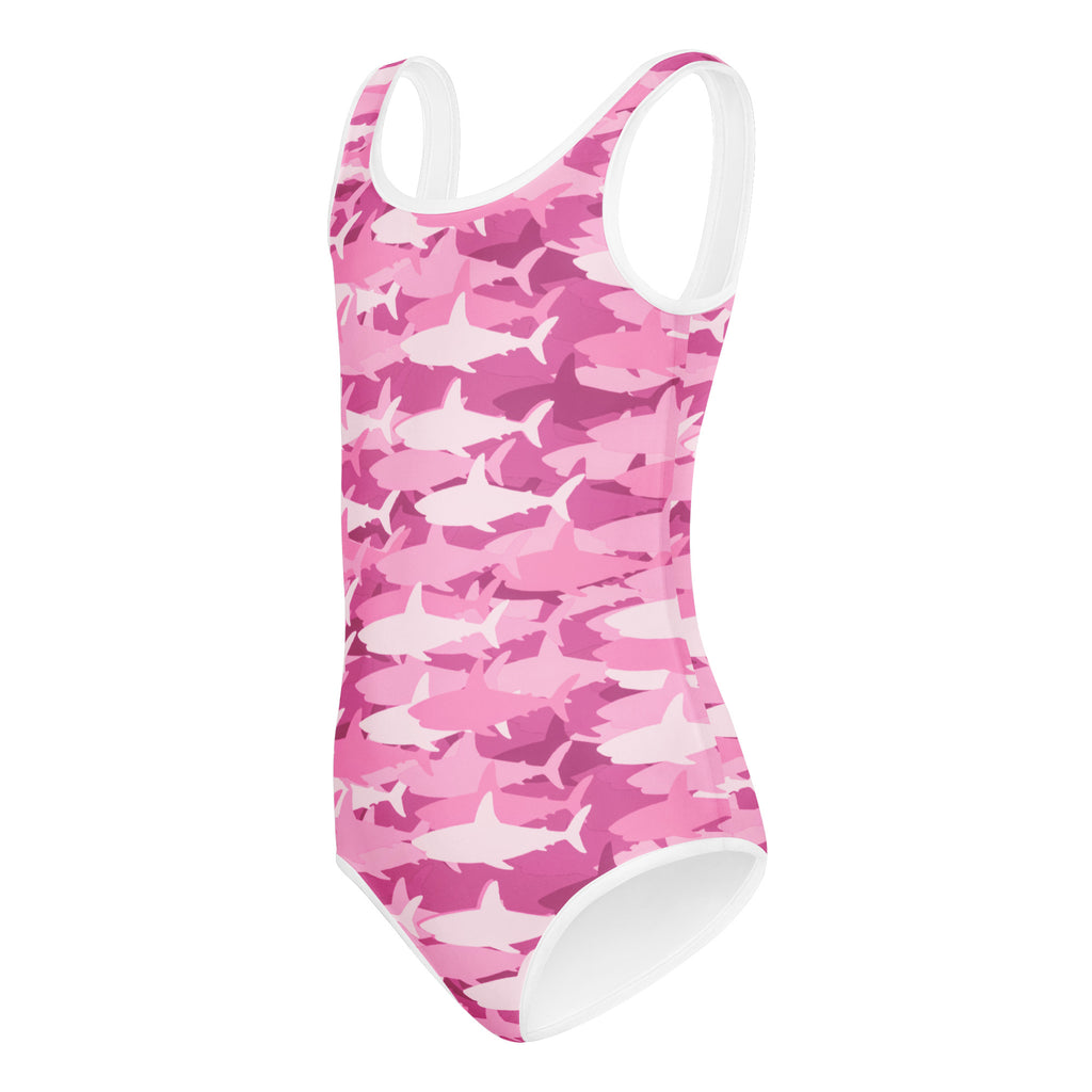 Girls pink and white shark camouflage buttery soft one-piece swimsuit with white trim quick drying for dance and gymnastics
