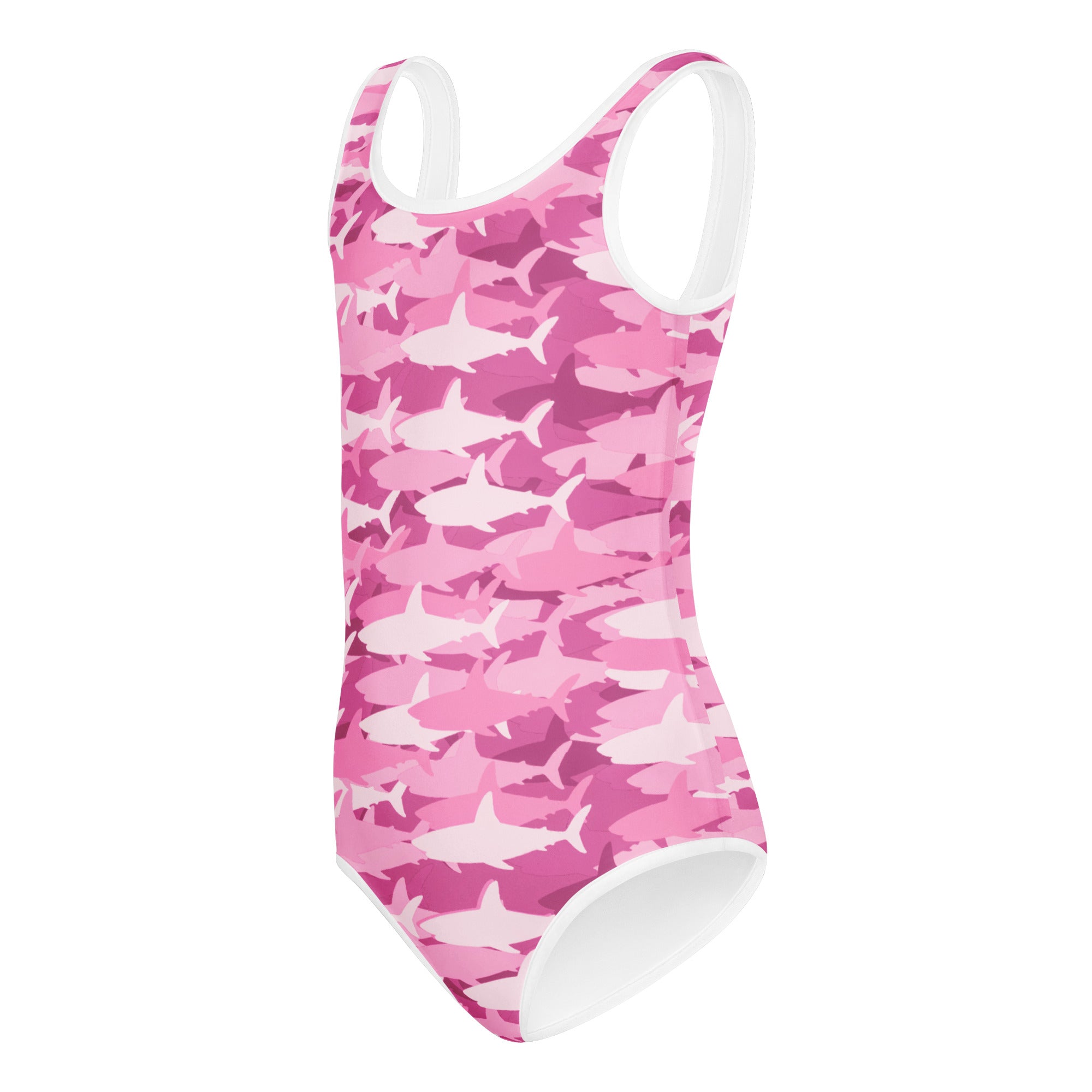 Girls pink and white shark camouflage buttery soft one-piece swimsuit with white trim quick drying for dance and gymnastics