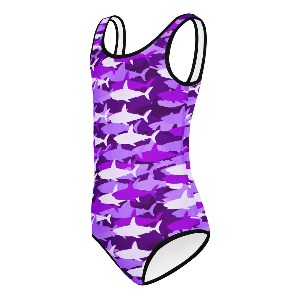 Girls purple and white shark camouflage buttery soft leotard with black trim quick drying for dance and gymnastics
