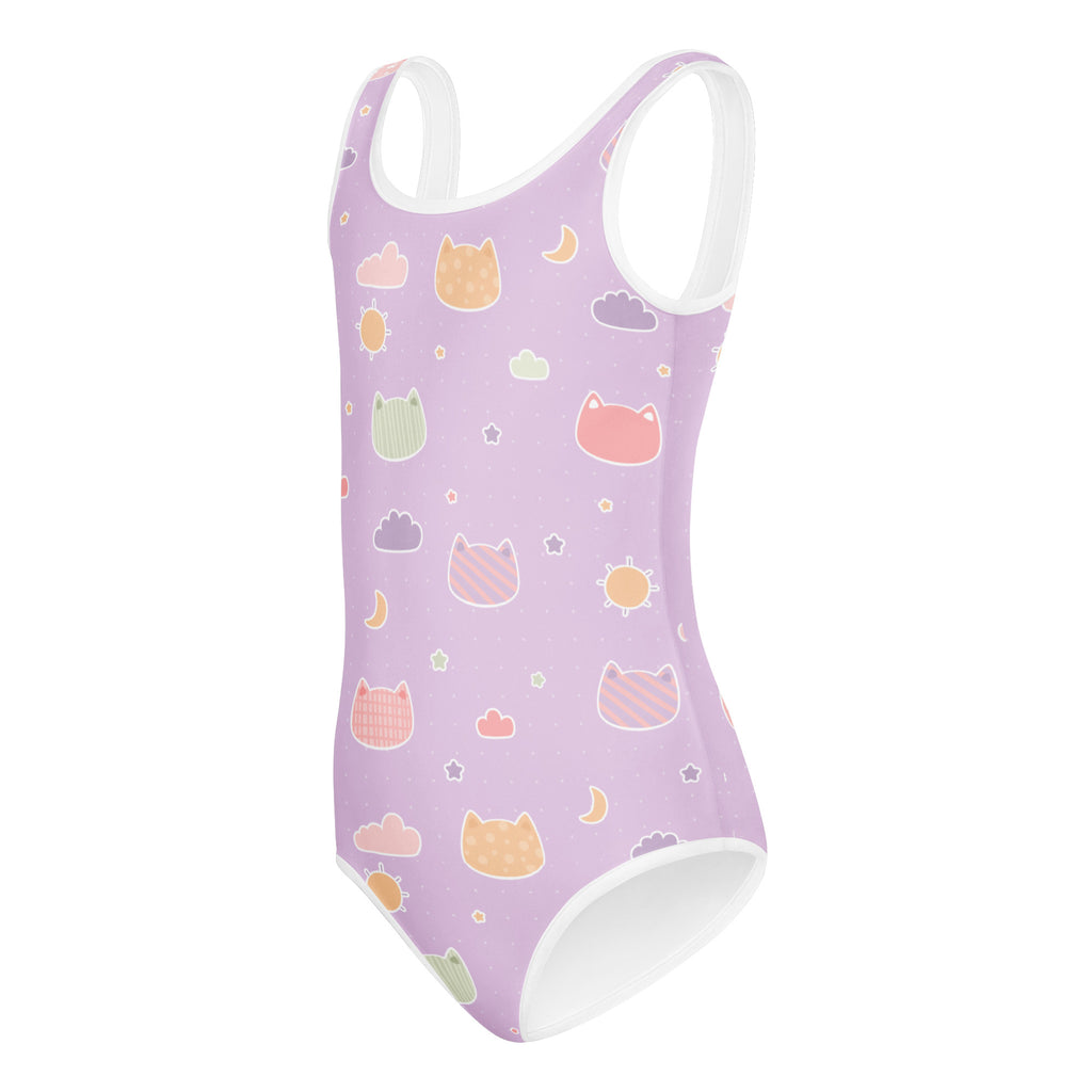 Girls Pastel Purple Kawaii Cats & Clouds Buttery Soft Leotard - Quick Drying For Dance and Gymnastics