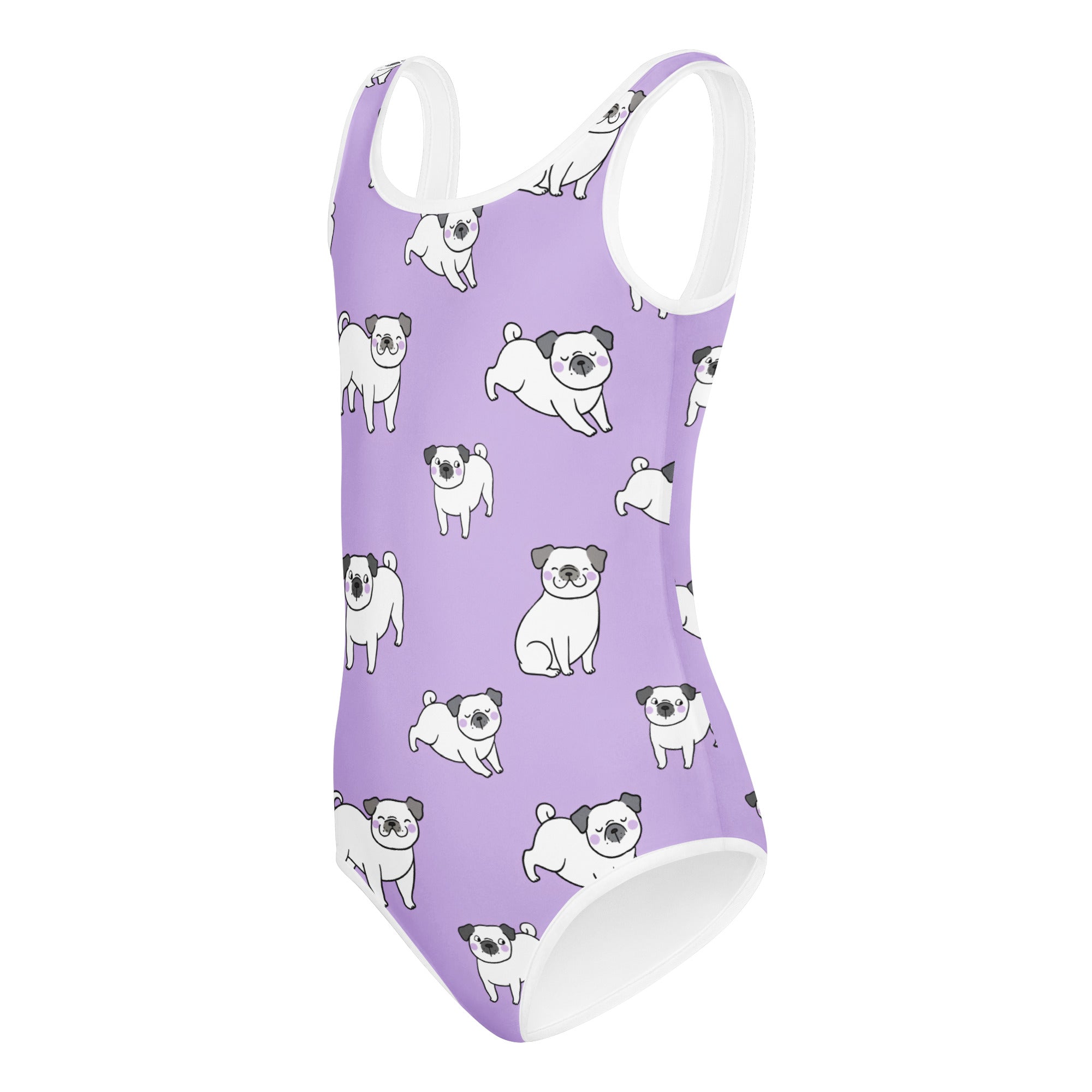 Girls purple pug buttery soft leotard featuring white cartoon pugs quick drying for dance and gymnastics