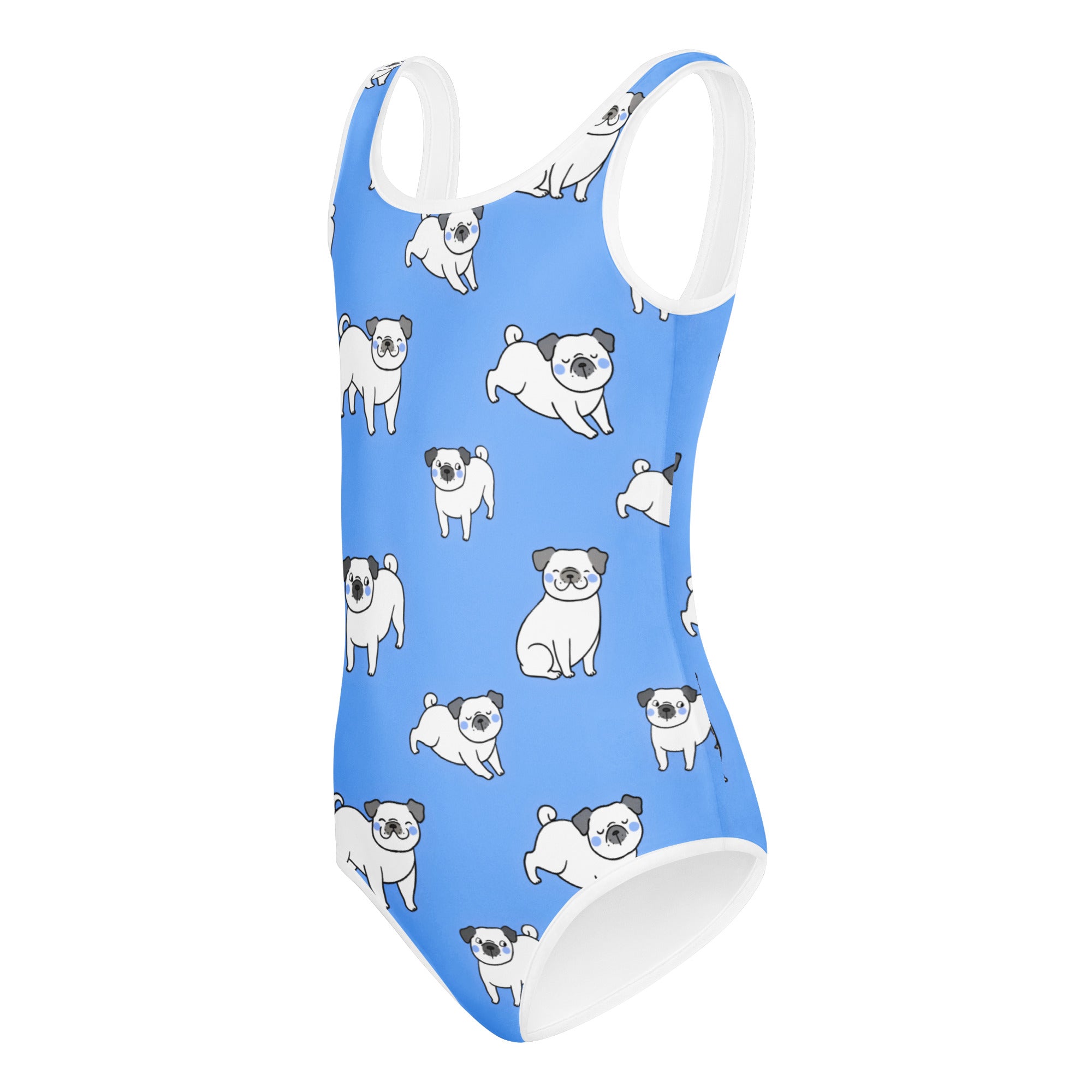 Girls blue leotard with white pug illustrations and white trim made from buttery soft quick drying fabric for dance and gymnastics