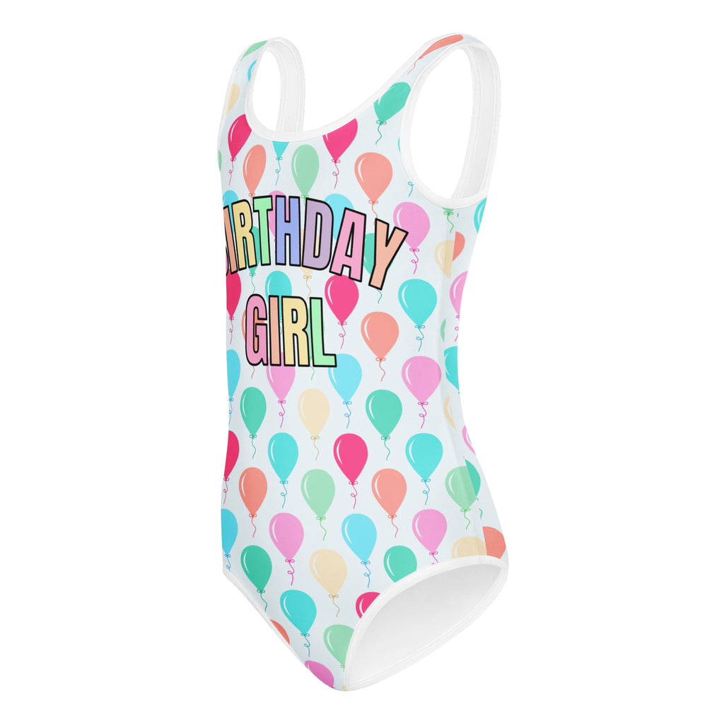 Girls birthday girl balloons buttery soft white one-piece swimsuit with colorful balloon pattern for dance and gymnastics