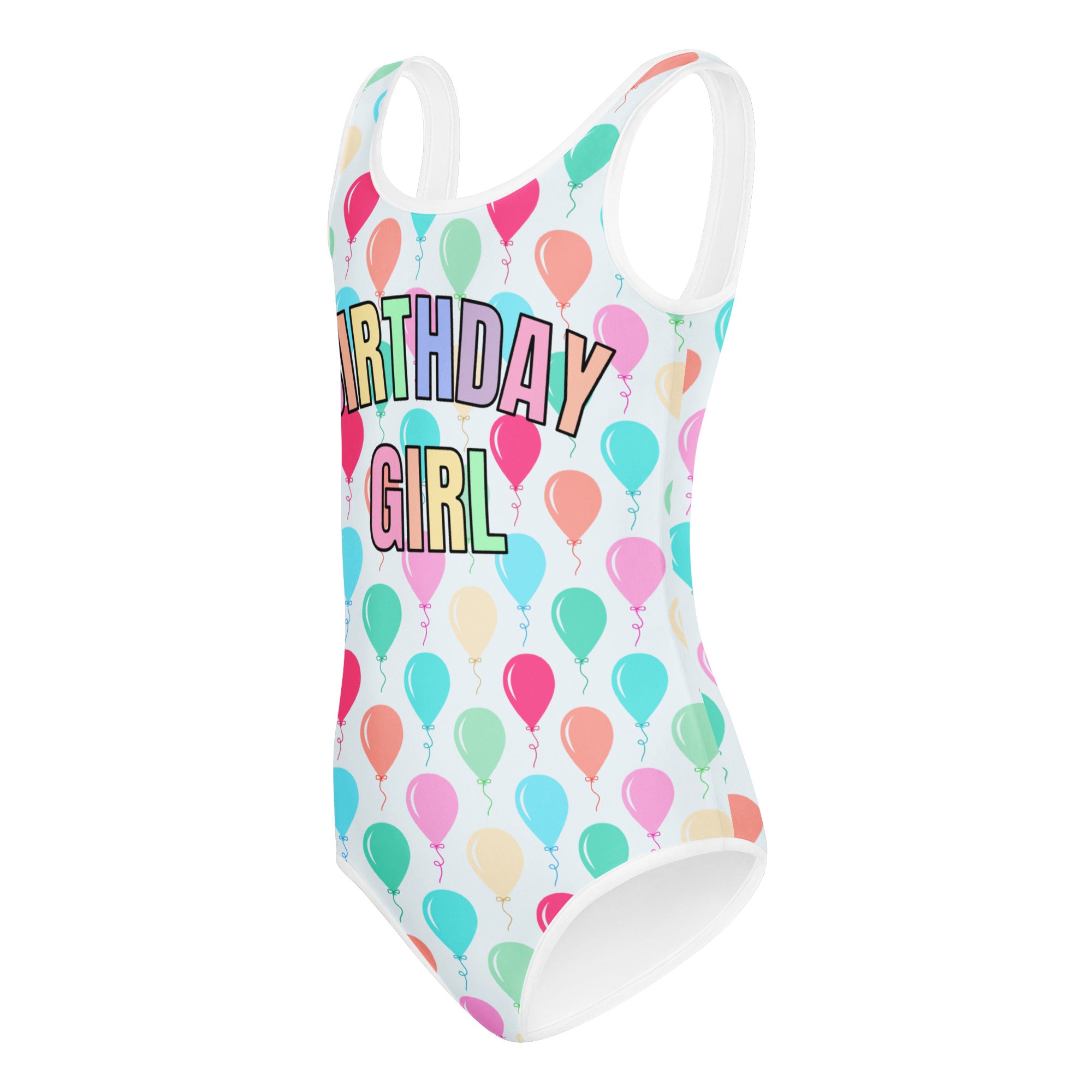 Girls birthday girl balloons buttery soft white one-piece swimsuit with colorful balloon pattern for dance and gymnastics