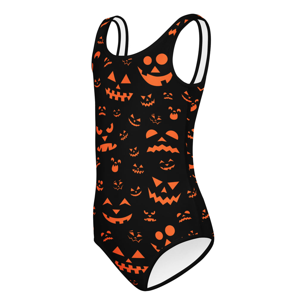 Black girls one-piece swimsuit with orange jack-o-lantern faces buttery soft quick drying for dance and gymnastics