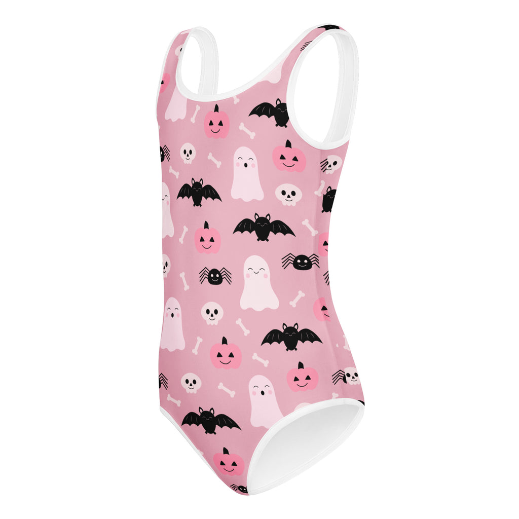 Girls pink halloween one-piece swimsuit with white trim featuring bats ghosts pumpkins and quick-drying fabric