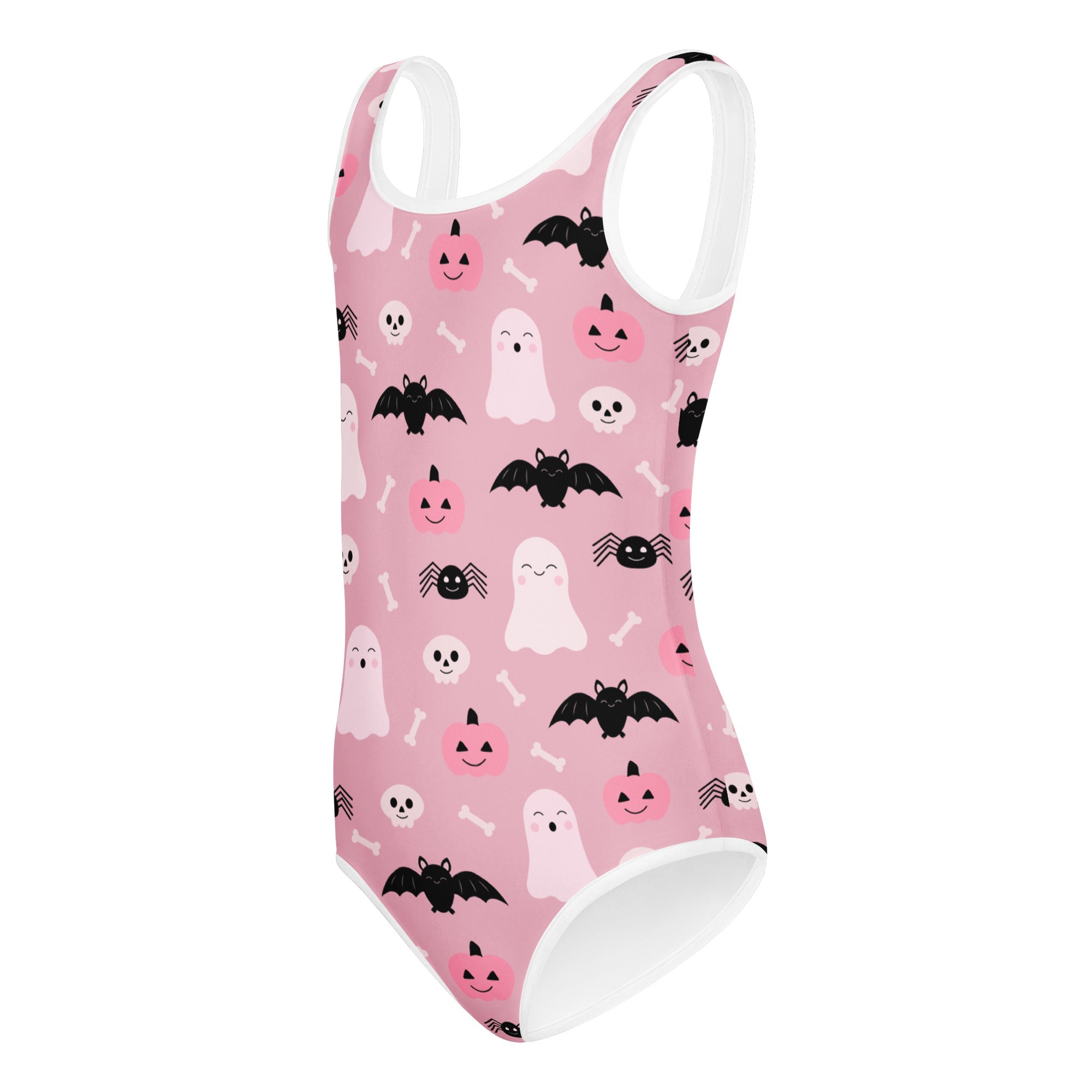 Girls Pink Cute Ghosts And Bats Halloween Buttery Soft Leotard - Quick Drying For Dance and Gymnastics