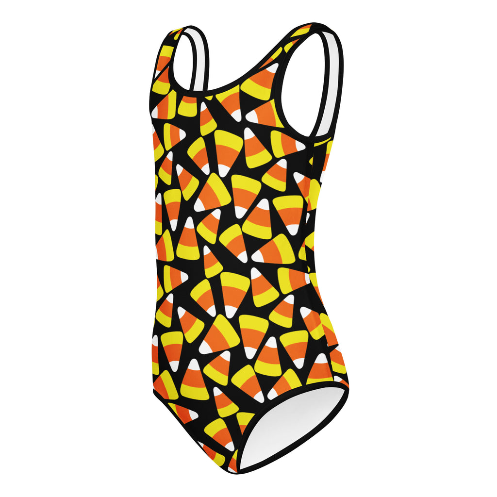 Black girls one-piece swimsuit with vibrant orange yellow and white candy corn pattern buttery soft quick drying for dance