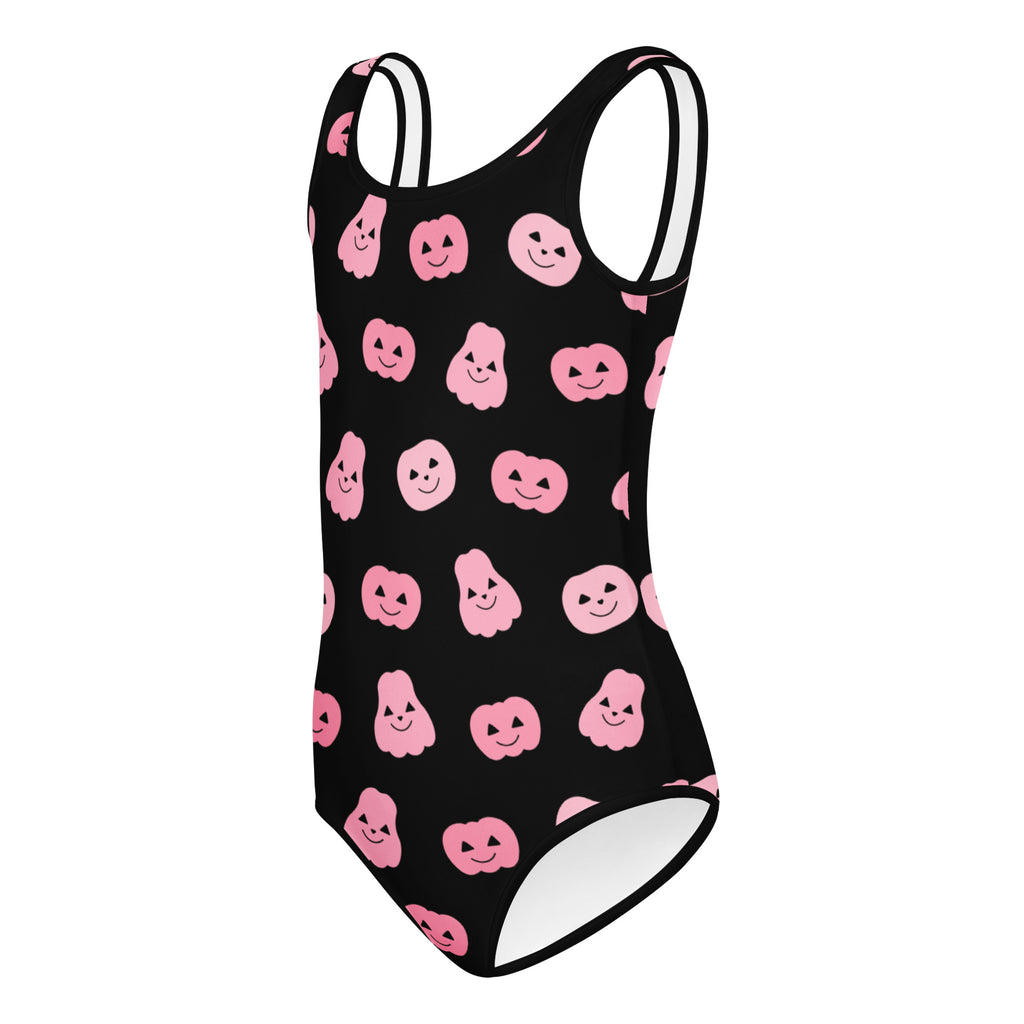 Black one-piece swimsuit with pink smiling pumpkin and ghost patterns buttery soft quick drying for dance and gymnastics