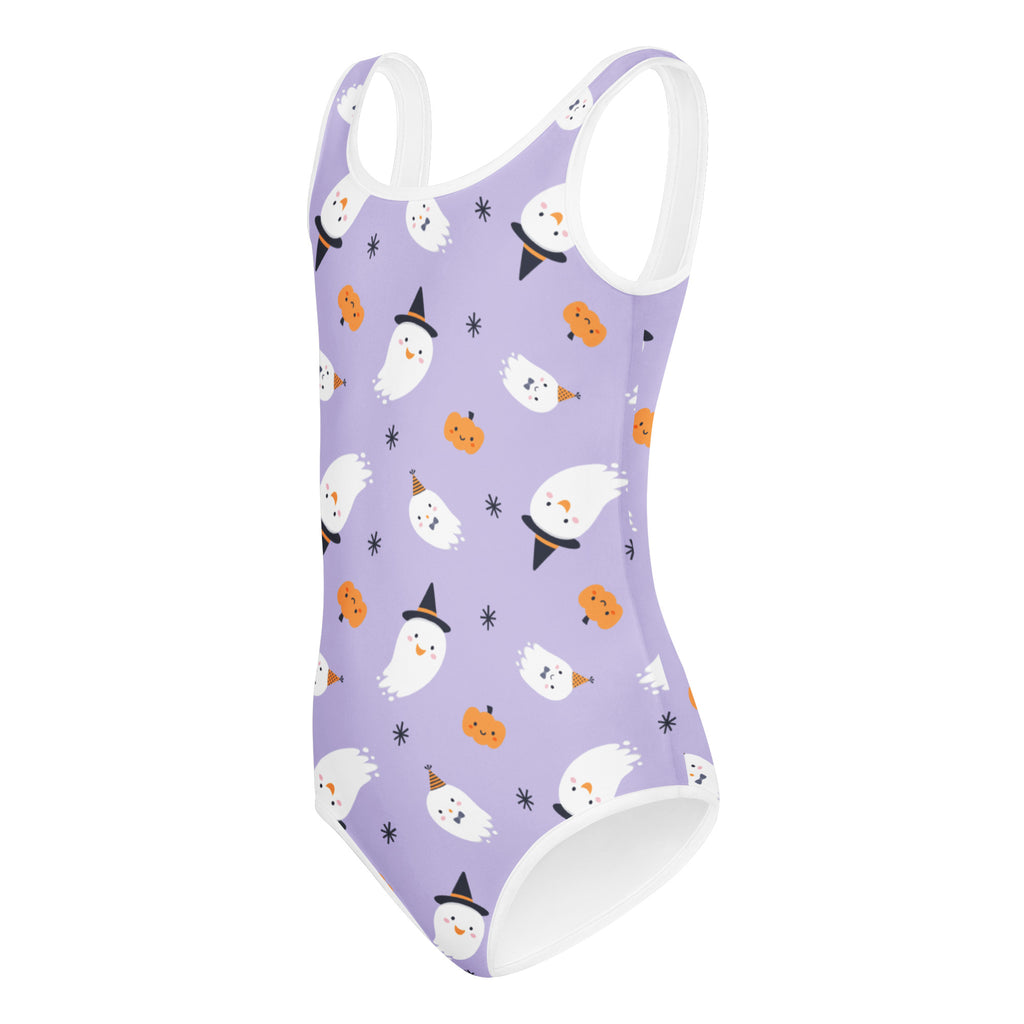 Girls ghost witch halloween buttery soft lavender one-piece swimsuit with white ghost and pumpkin pattern for dance and gymnastics