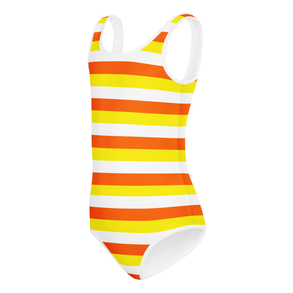 A girls candy corn stripes buttery soft one-piece swimsuit with bold orange and yellow stripes, quick drying for dance and gymnastics