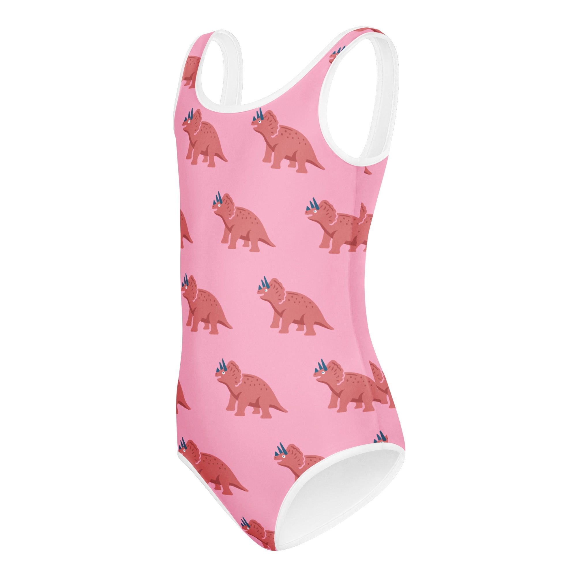 Girls pink triceratops buttery soft leotard with white trim and cartoon pattern quick drying for dance and gymnastics