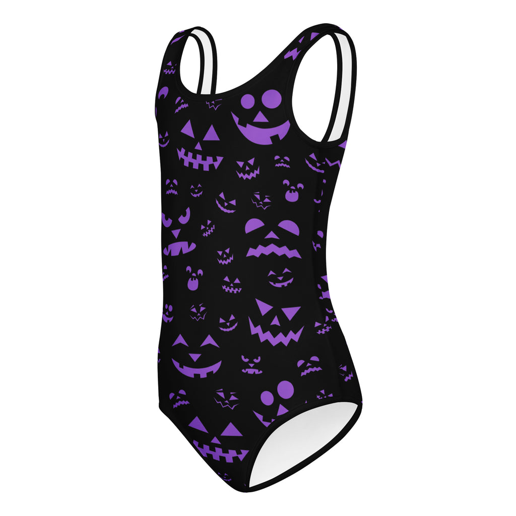 Black buttery soft one-piece swimsuit with purple jack-o-lantern faces quick drying for girls dance and gymnastics