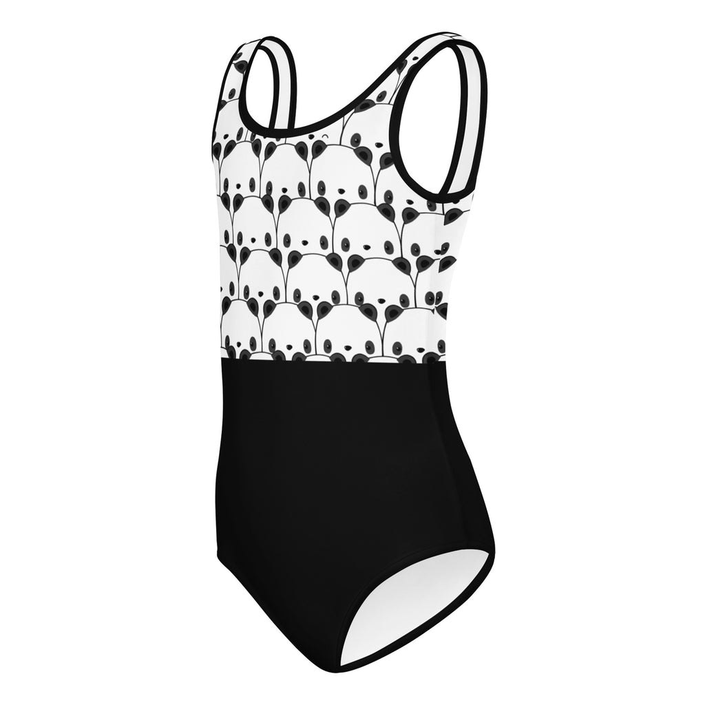 Girls black and white panda buttery soft one-piece swimsuit with playful panda face quick drying for dance and gymnastics