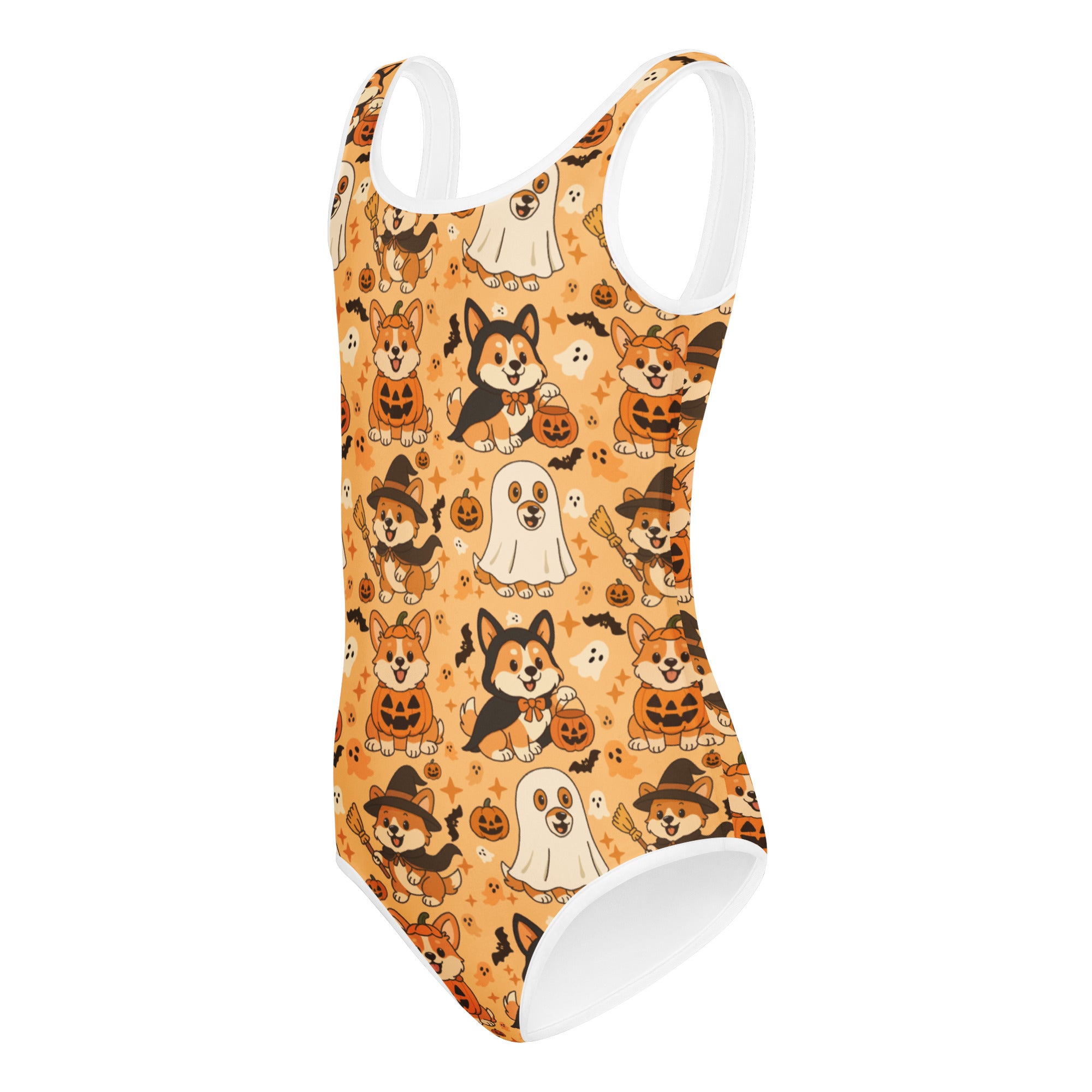 Girls halloween corgi dog buttery soft orange one-piece swimsuit with cartoon ghost witch and pumpkin pattern for dance