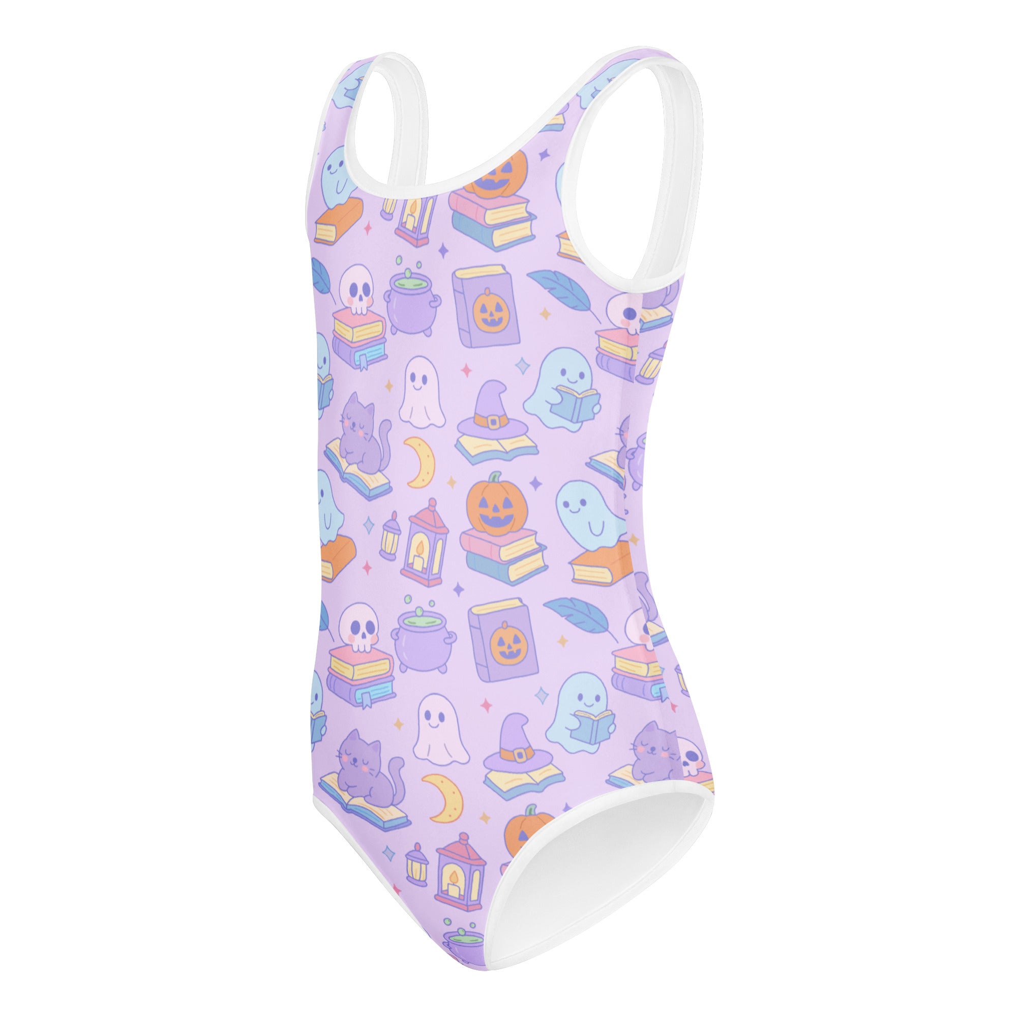 Lavender girls buttery soft halloween swimsuit with white trim and playful ghost pumpkin book cat pattern for dance