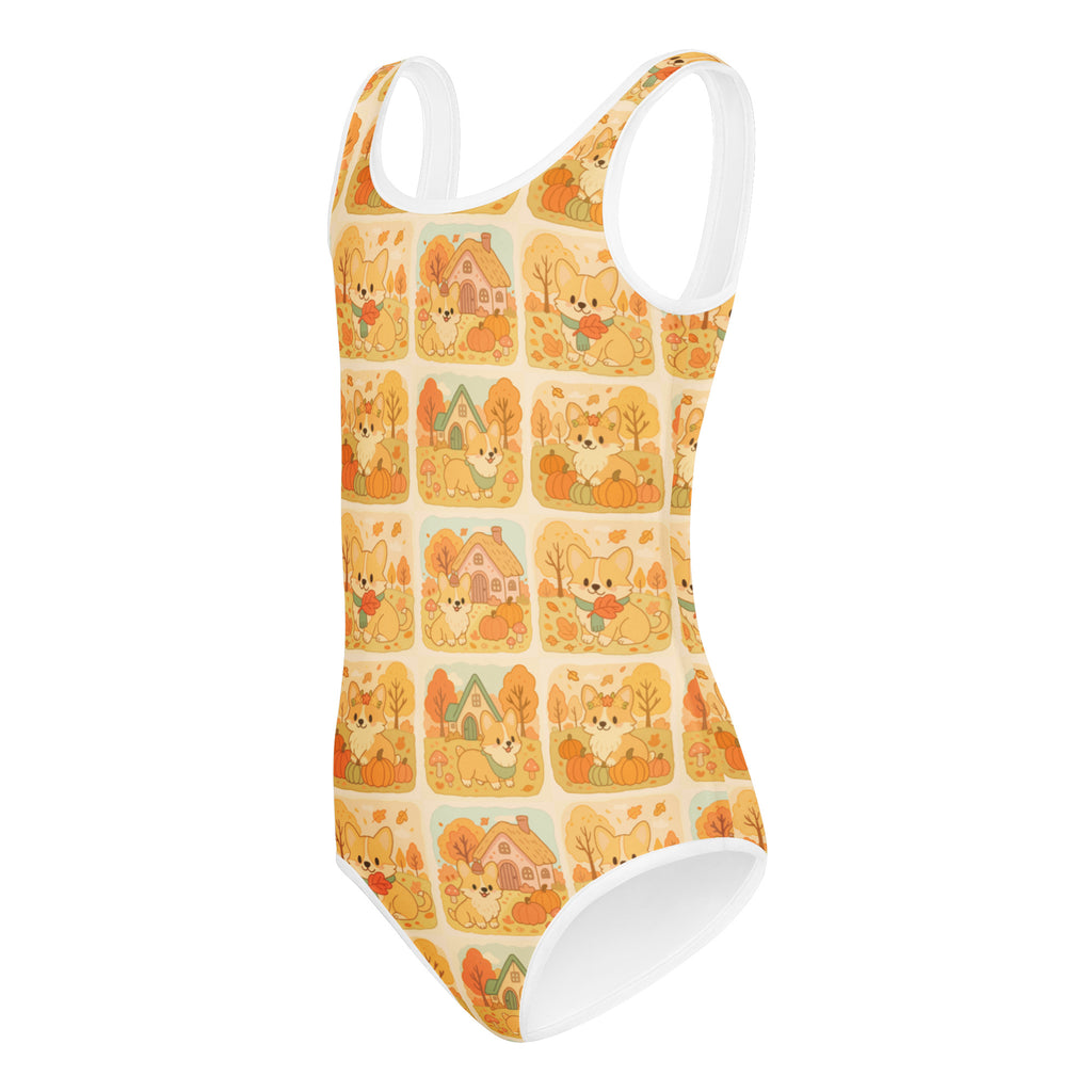 Girls corgi dog pumpkin autumn buttery soft quick drying leotard with playful warm orange and beige pattern on cream
