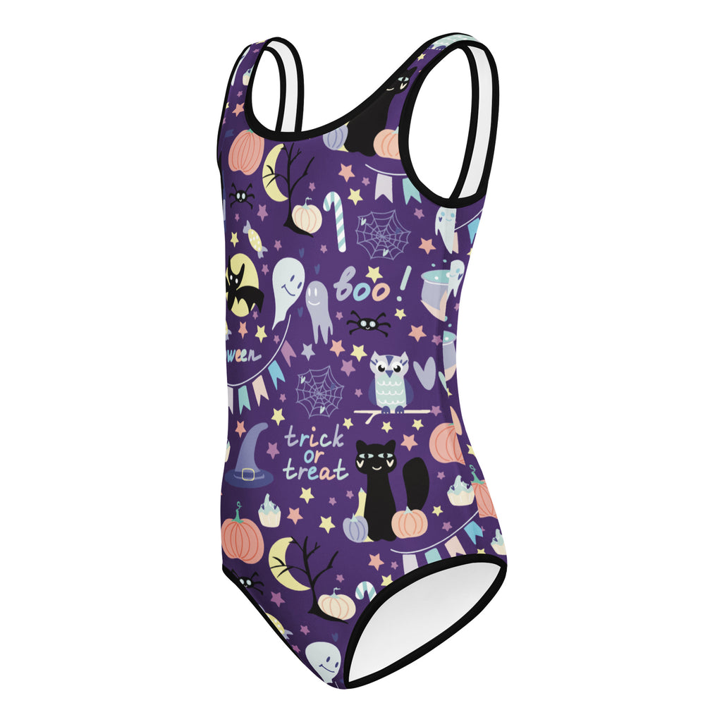 Girls spooky halloween buttery soft purple one-piece swimsuit with black trim quick drying for dance and gymnastics