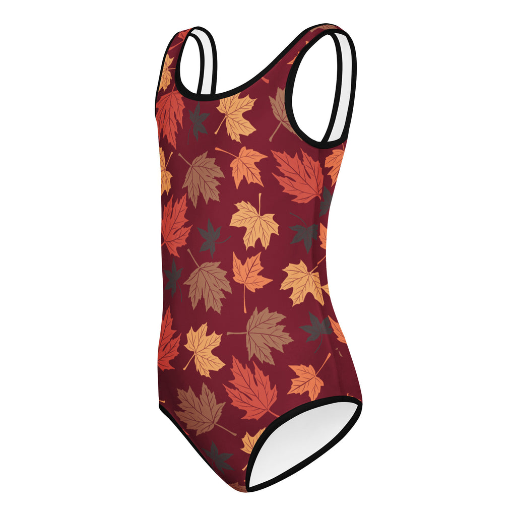 Girls autumn leaves buttery soft maroon one-piece swimsuit with vibrant leaf pattern and black trim for dance and gymnastics